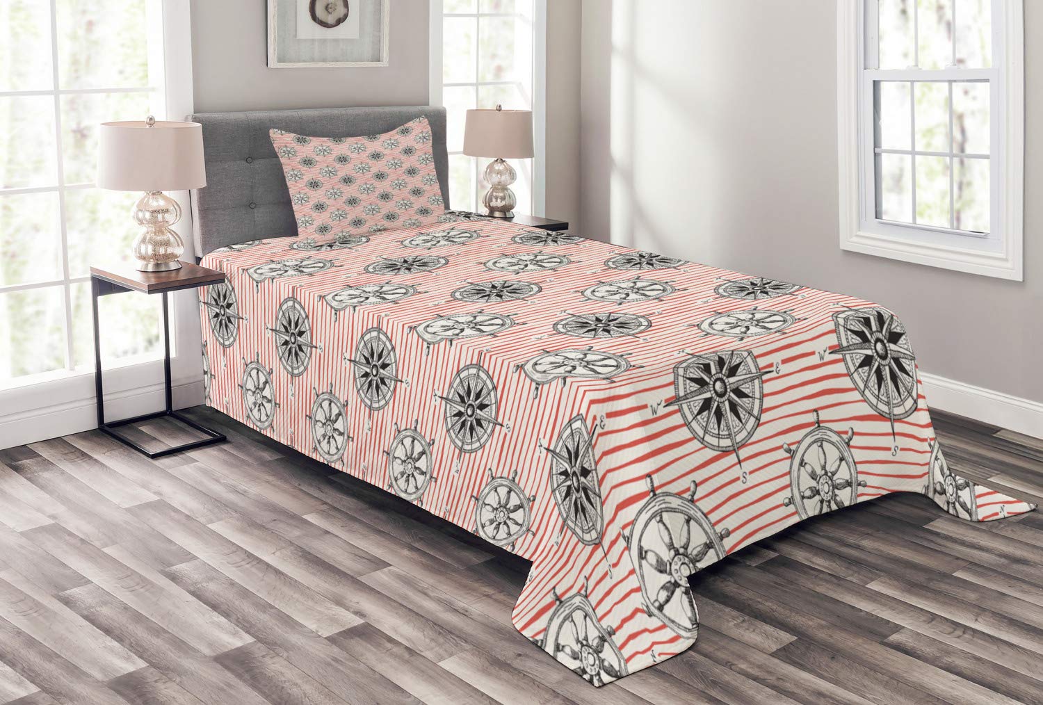 Ambesonne Nautical Twin Size Bedspread Set - Ocean Theme Quilted Coverlet with Hand Drawn Ship Steering Wheel & Sea Compass Pattern in Pink & Multicolor, Includes Pillow Sham | Perfect for Beach House Decor, Coastal Bedroom Theme, or Nautical Nursery Design