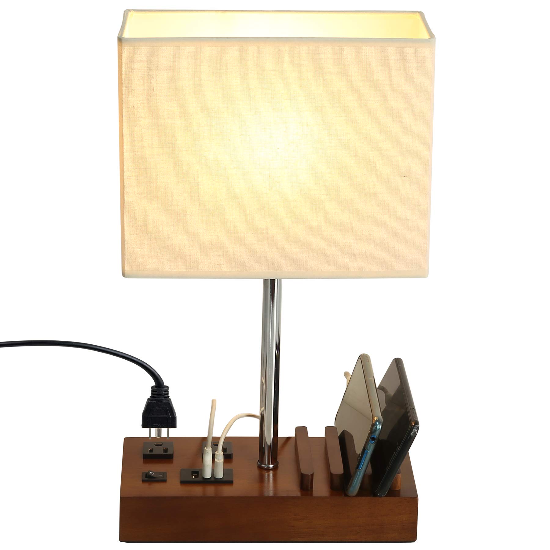 Briever USB Table Lamp with 2 AC Outlets & 3 USB Ports - Modern Multi-Functional Bedside Desk Lamp with Wooden Phone Stand - Perfect for Bedroom, Guest Room, Office & Study Lighting