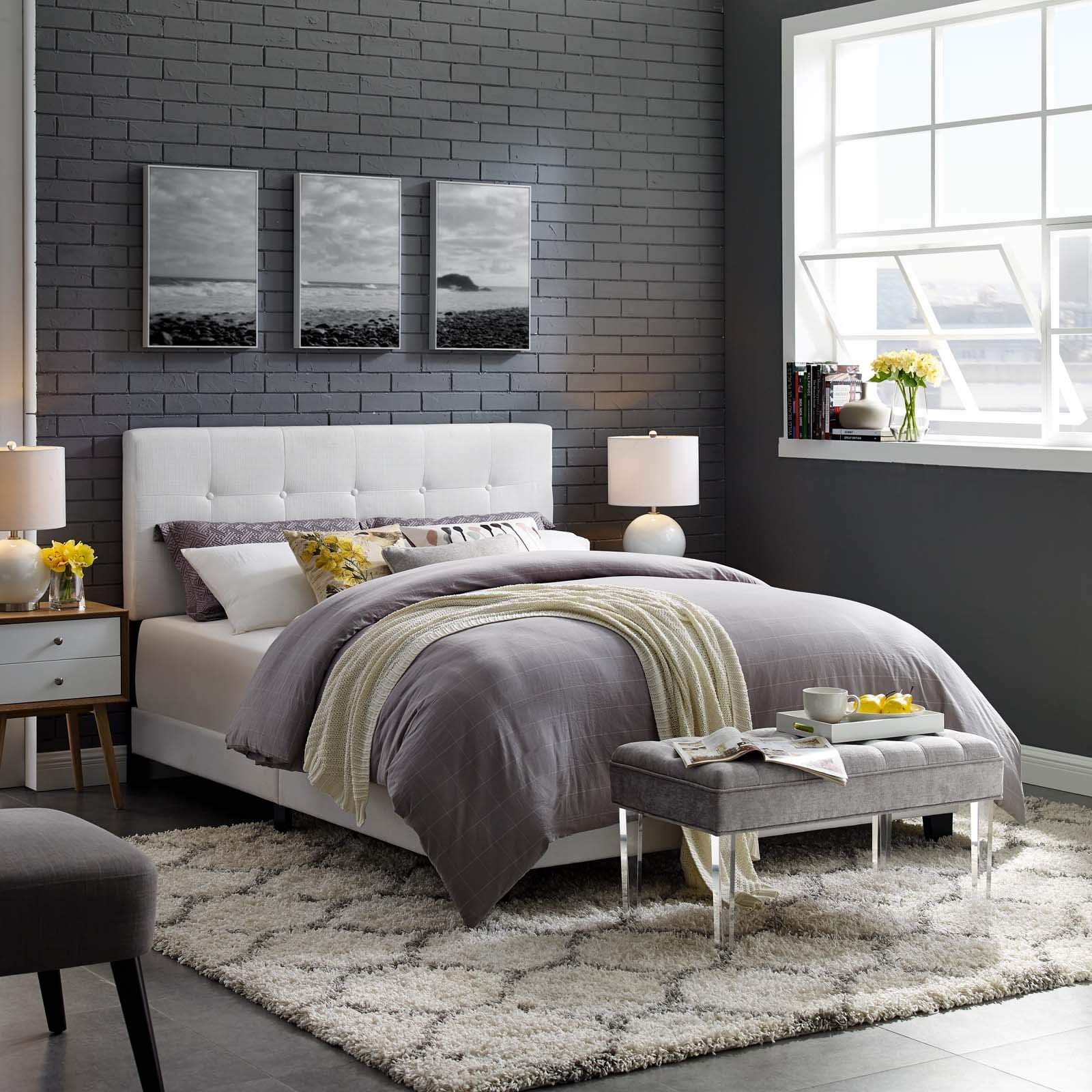 Modern Contemporary Urban Design White Fabric Platform Bed Frame - Perfect for Minimalist and Scandi Bedroom Styles