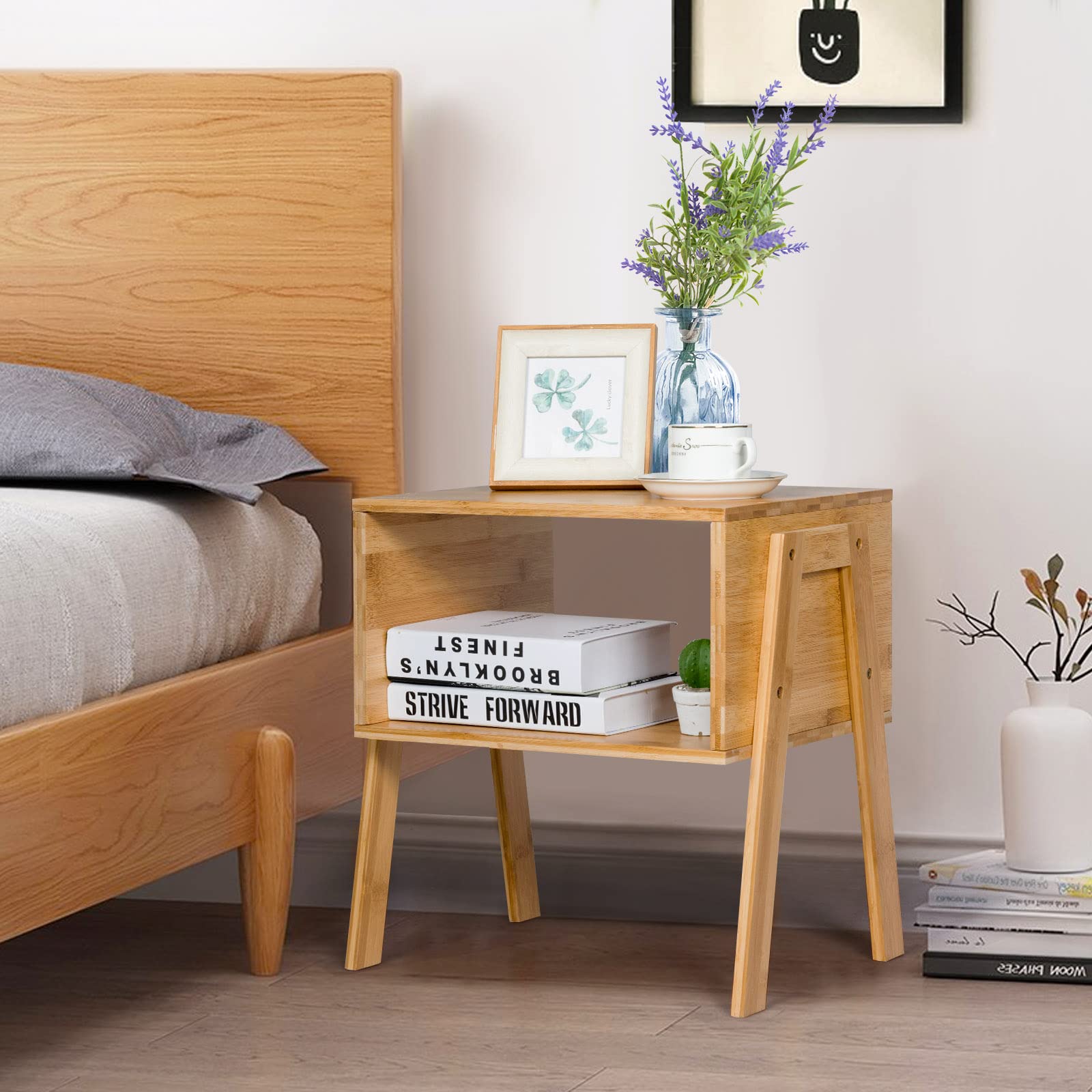 GORELAX Set of 2 Bamboo Nightstands with Open Storage Shelf - Stackable Narrow Rectangular Rustic Wood End Tables for Small Spaces - Perfect for Bedroom, Living Room, Apartment & Dorm Organization