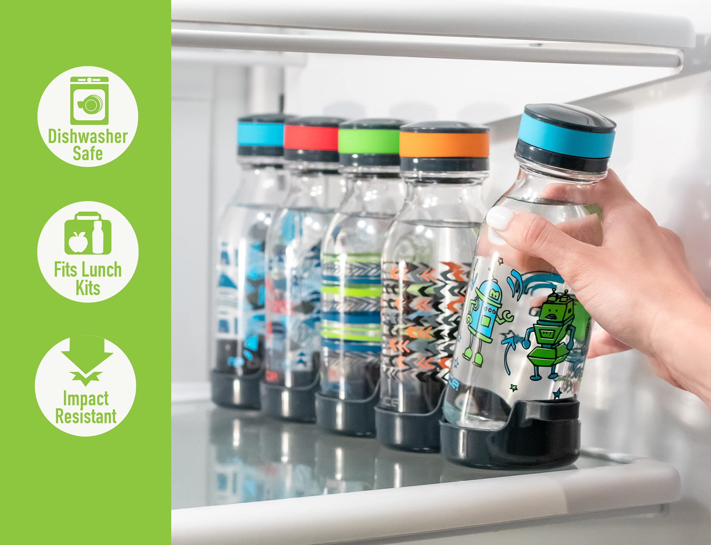 REDUCE WaterWeek 14 oz Refillable Tritan Plastic Water Bottles - 5 Pack Leak Proof BPA-Free Water Bottles with Fridge Storage Tray - Perfect for School, Gym, Office, Travel & Home Use - Reusable Sports Drink Bottles for Kids & Adults
