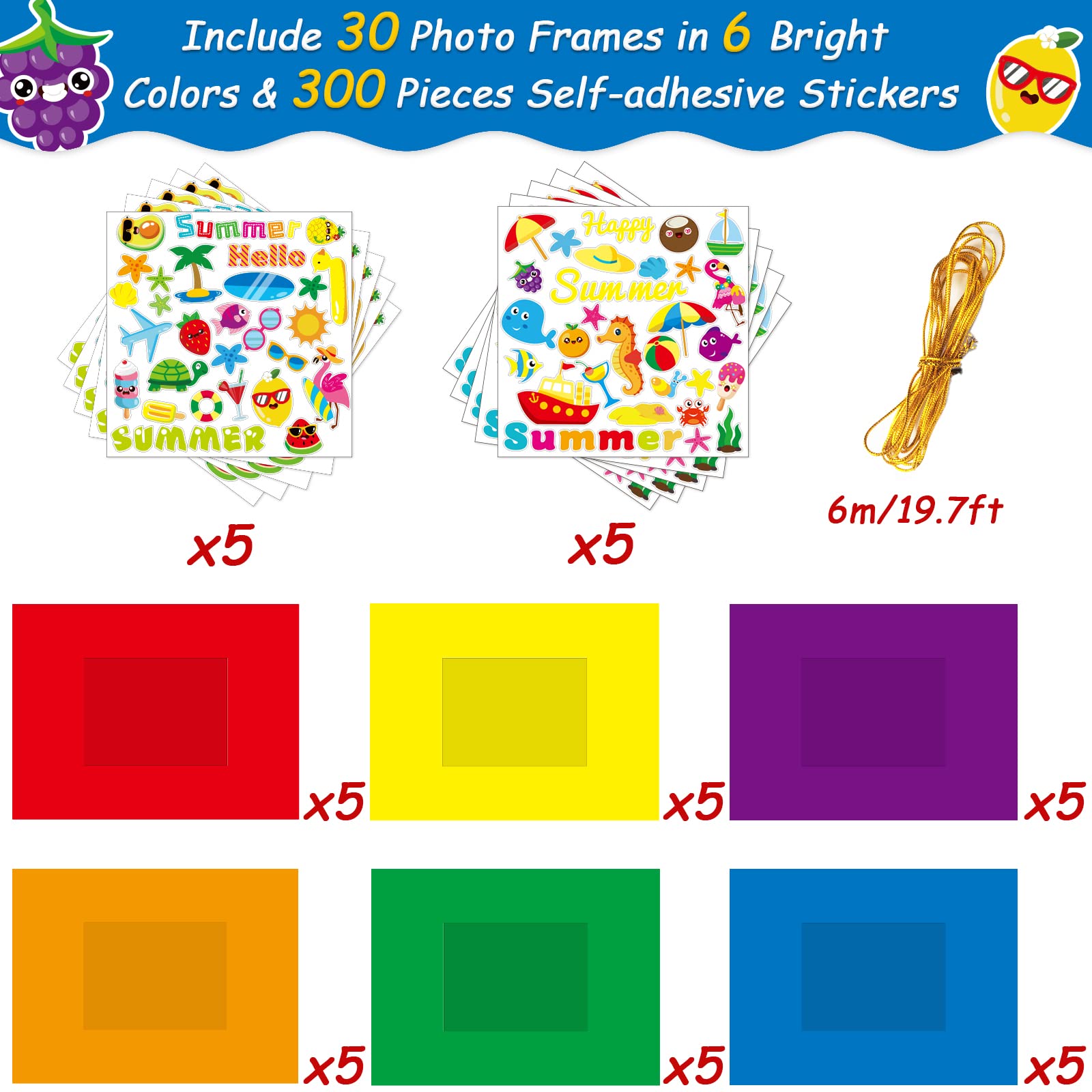 30 Pcs Summer Craft Kits for Kids - DIY Paper Picture Frame Art Projects for Preschool, Kindergarten Classroom Activities - First Day of School, Summer Party Favors, Home Decor & Indoor Games