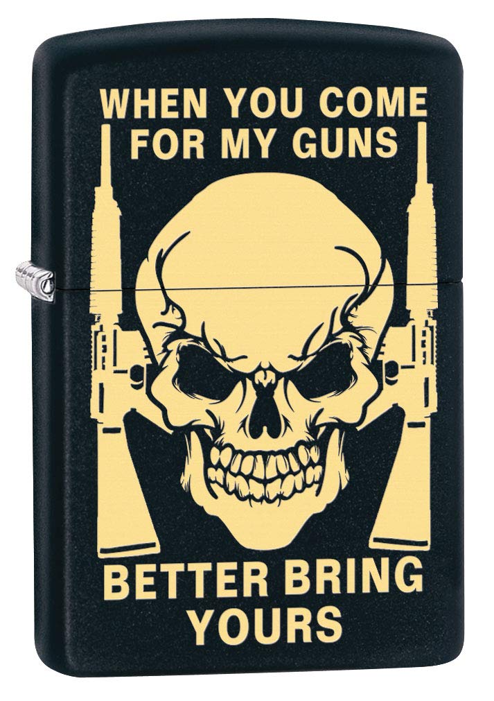 Premium Zippo Lighter with Skull & Guns Engraving - Black Matte Finish 80430 | Windproof Refillable Metal Lighter for Outdoor Camping, Hiking & Survival Gear