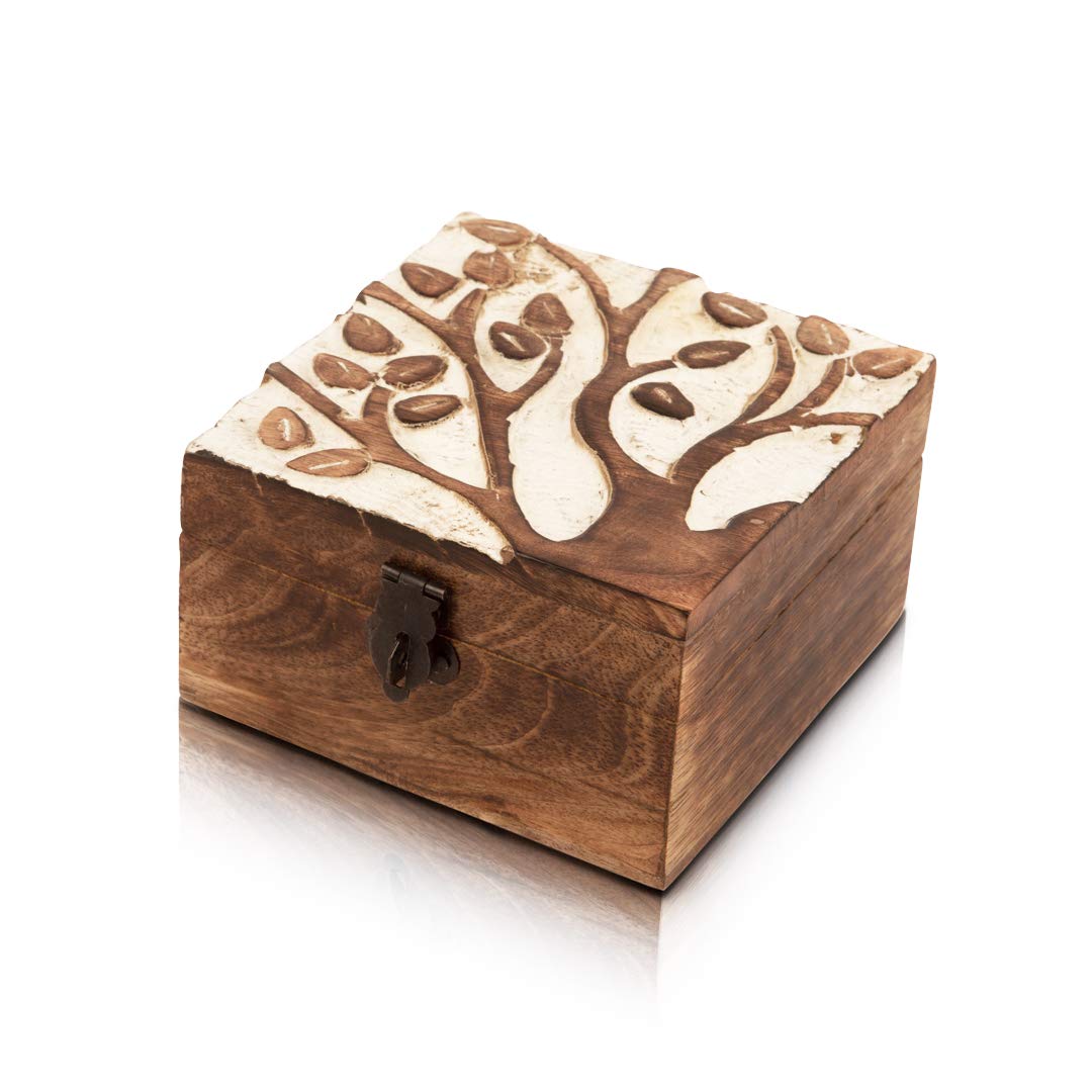 Handmade Wooden Jewelry Box with Tree of Life Carving - Lockable Keepsake Storage Box with Key, Jewelry Organizer & Watch Box - Perfect Birthday Gift, Anniversary Present & Home Decor Treasure Chest