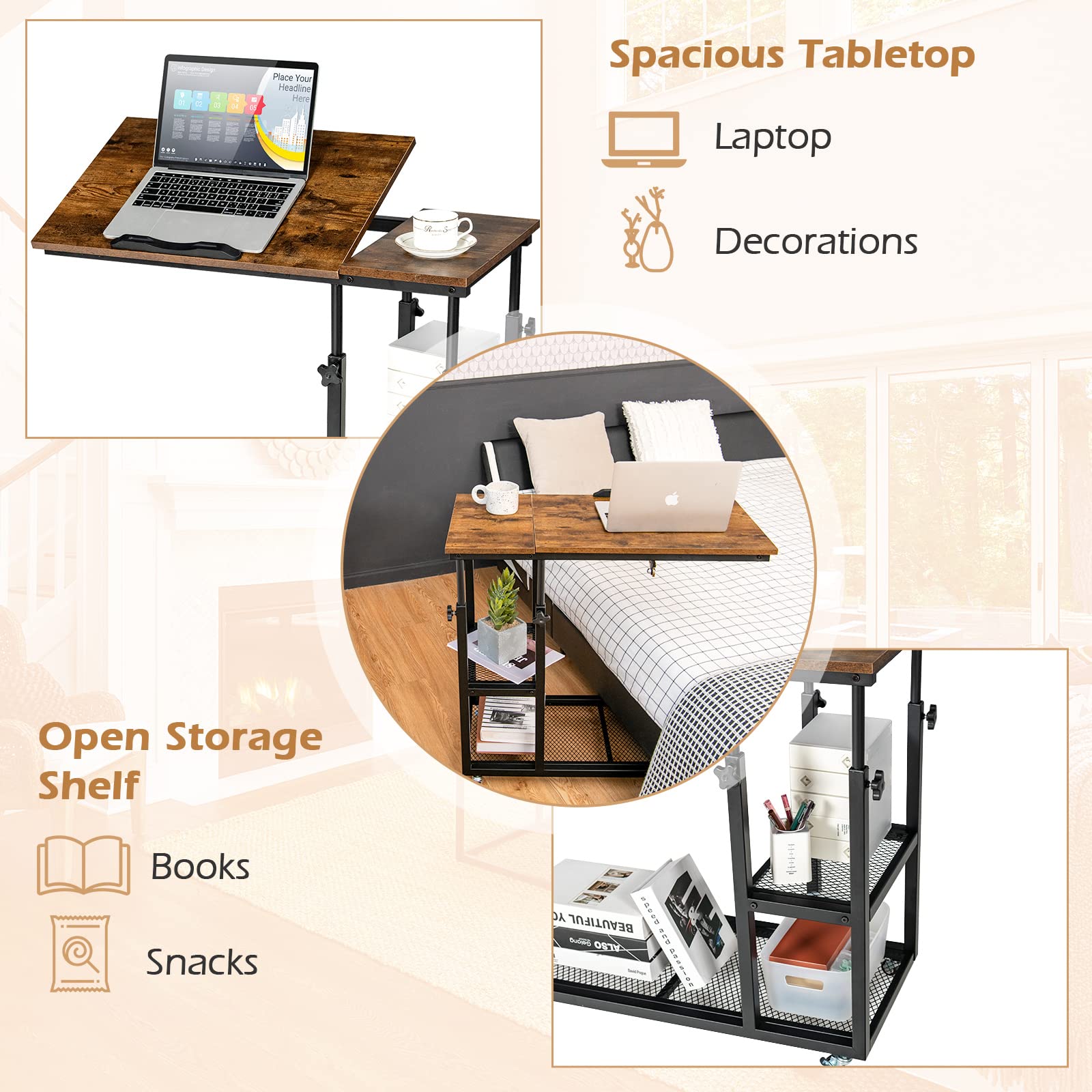 Tangkula Adjustable Height C-Shaped End Table with Lockable Wheels - Mobile Sofa Desk, Tiltable Tabletop, Storage Shelves - Perfect for Living Room, Bedroom, Home Office & Snack Table Use