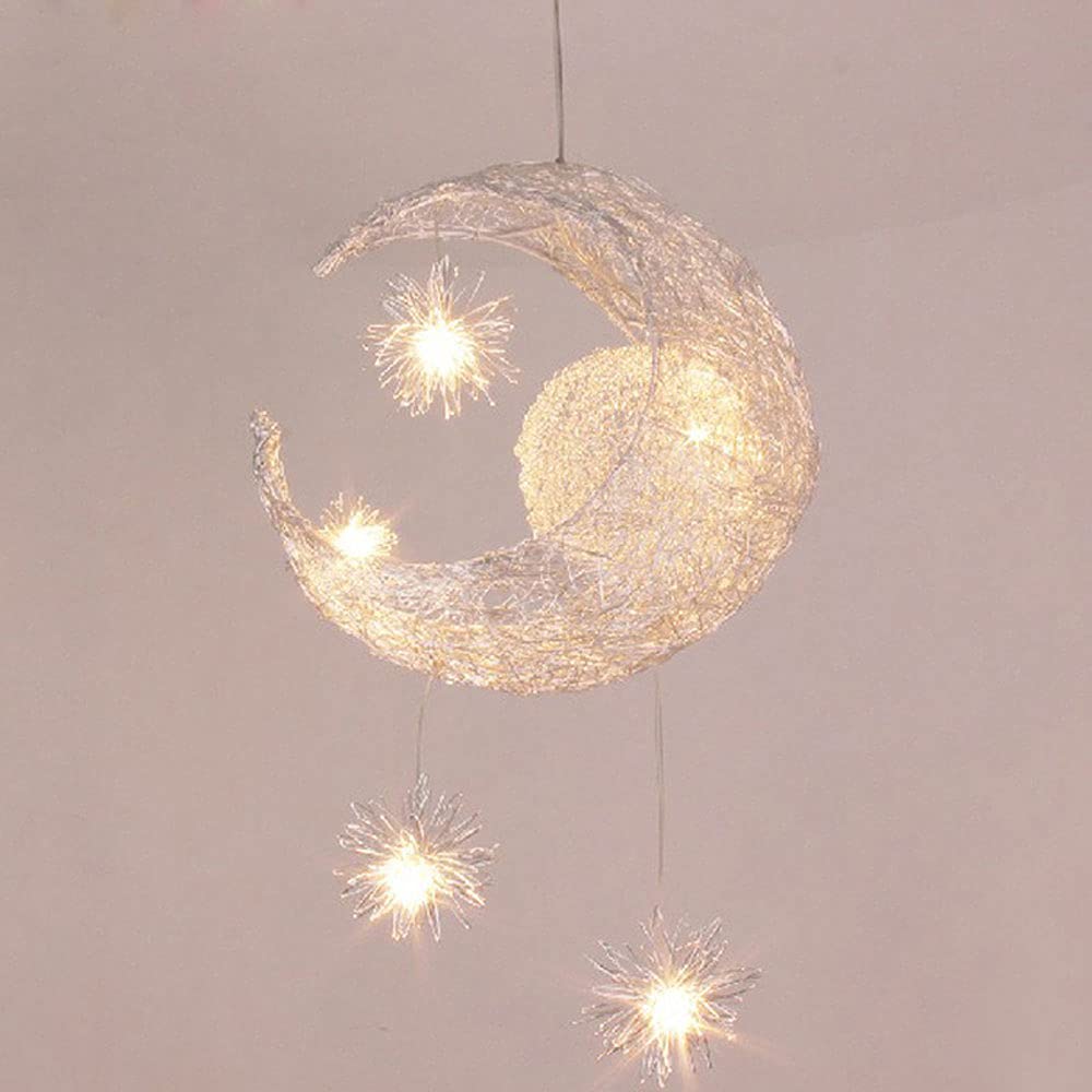 Modern Moon & Star Shape LED Pendant Light - Creative Ceiling Chandelier for Kids Bedroom, Nursery, Living Room - White Decorative Lighting for Home & Indoor Decor