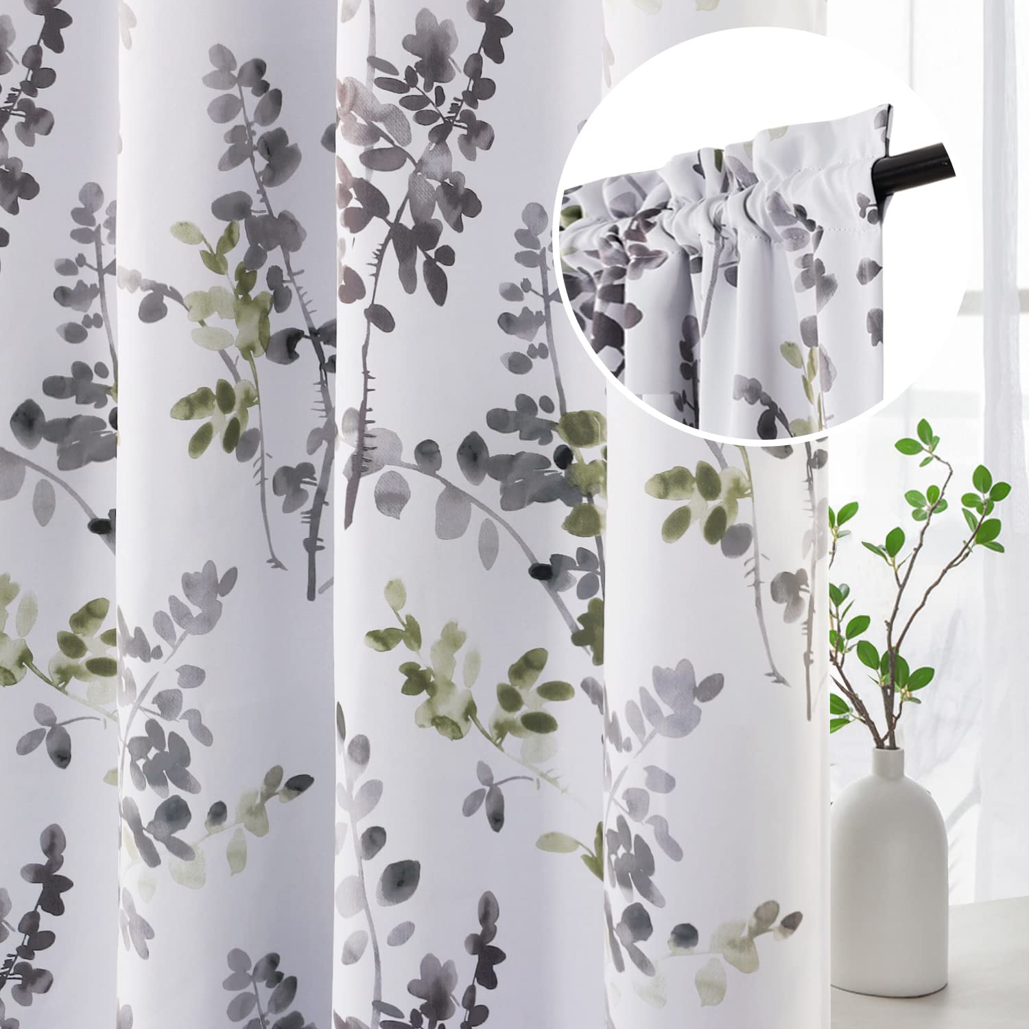 H.VERSAILTEX 84 Inch Floral Print Blackout Curtains - 2 Panels, Rod Pocket Window Treatments in Classic Grey & Sage Floral Pattern for Bedroom & Living Room - Perfect for Light Control & Home Decor