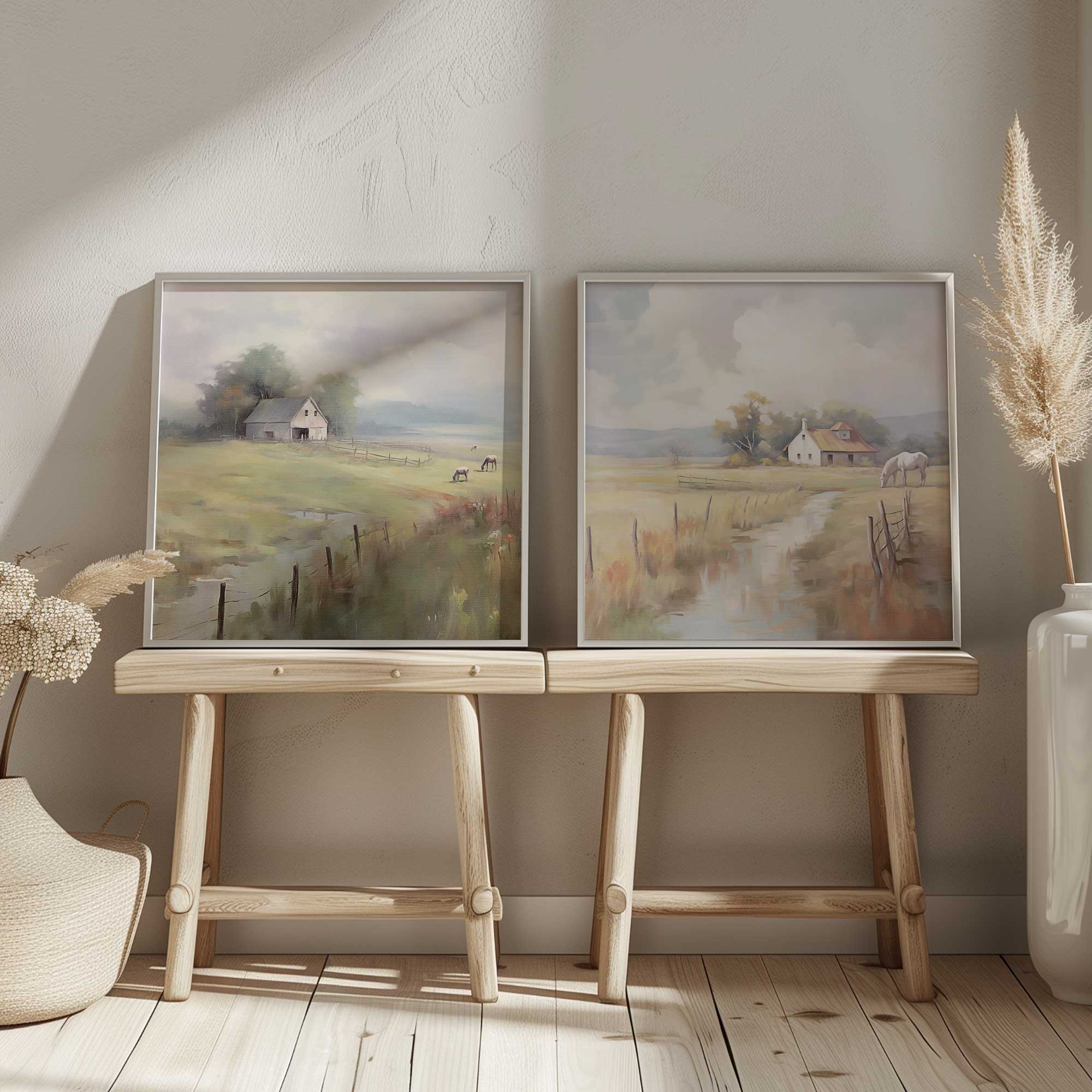 Countryside Farmhouse Bliss - Set of 2 Wall Art Prints for Living Room, Bedroom & Home Decor