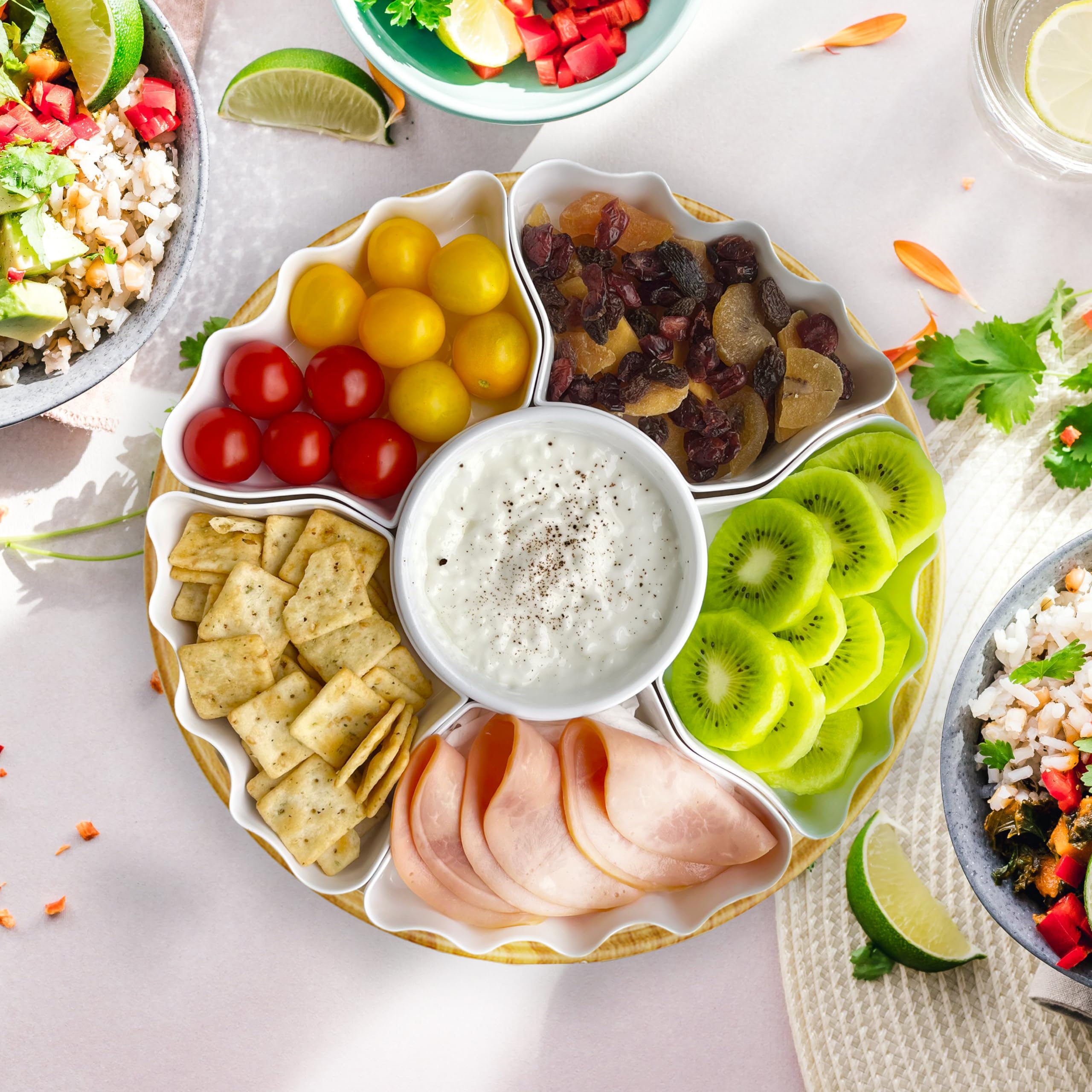 **Melamine Serving Tray & Platter Set - 11.4 Inch Divided Bowls for Party, Kitchen, Dining - 7-Piece White Serving Dishes for Chips, Dip, Fruit, Veggies, Candy & Snacks - Perfect for Entertaining, Buffets & Home Decor**