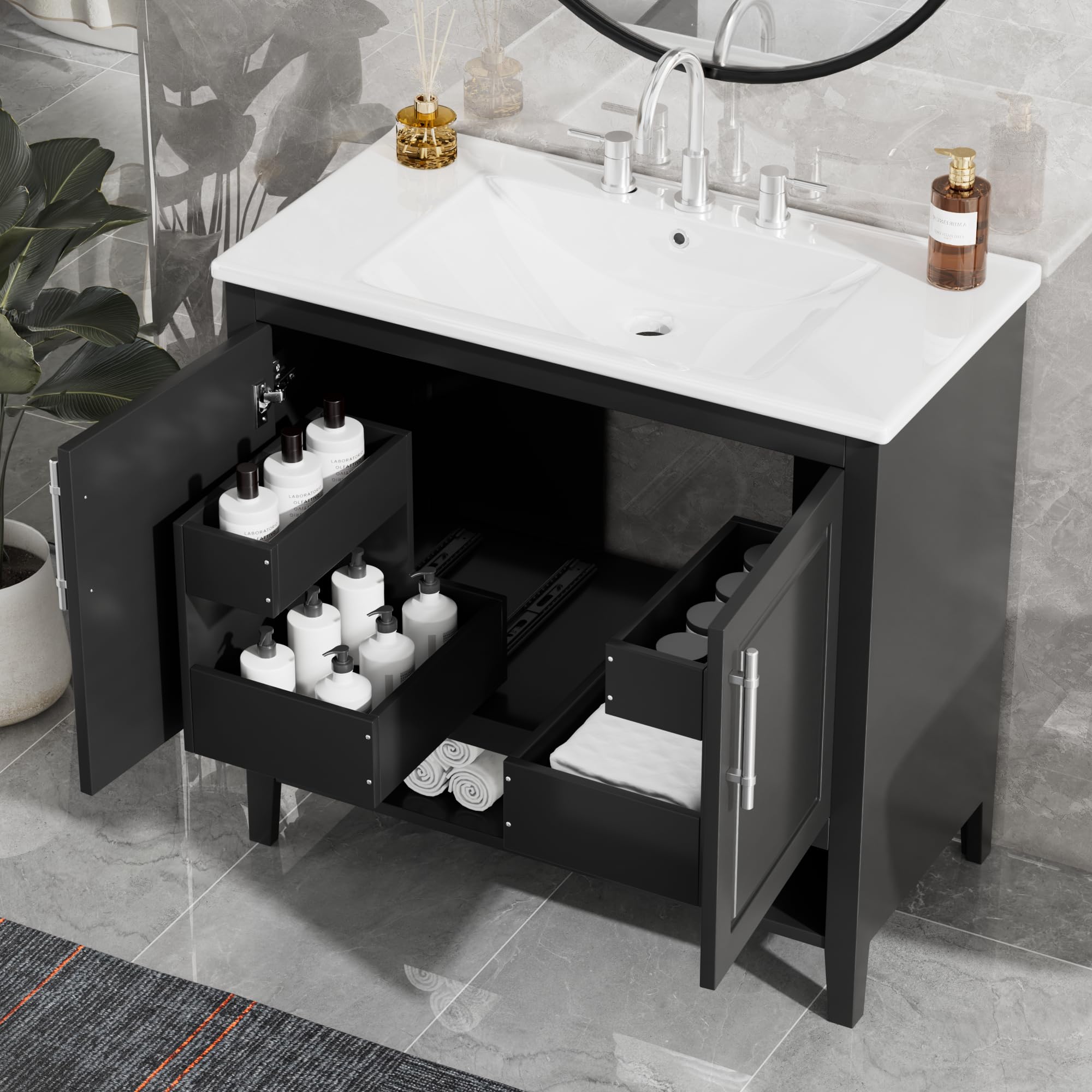 36 Inch Modern Bathroom Vanity with Ceramic Sink - Solid Wood Freestanding Vanity with 2 Pull-Out Drawers, Storage Racks & Open Shelf - Perfect for Small Bathrooms, Powder Rooms & Master Bath Suites
