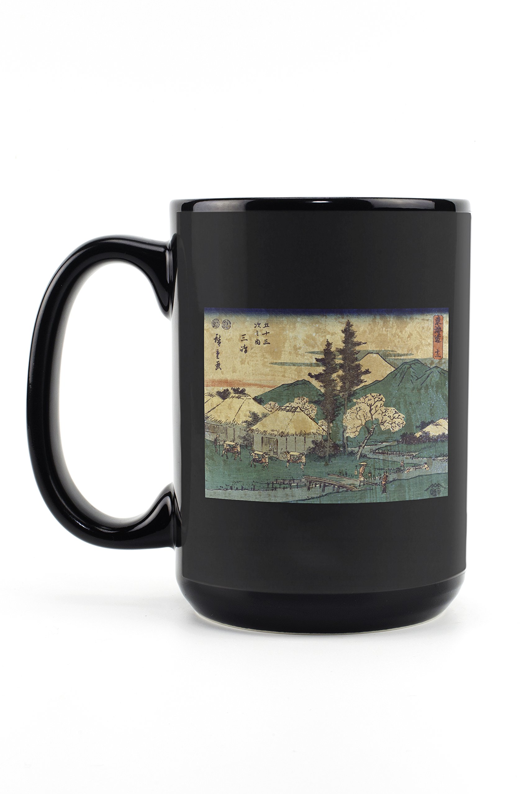 Japanese Wood-Cut Print of Porters Carrying Palanquins - 15oz Black Ceramic Coffee & Tea Mug - Dishwasher & Microwave Safe - Perfect for Home, Office & Gift Giving