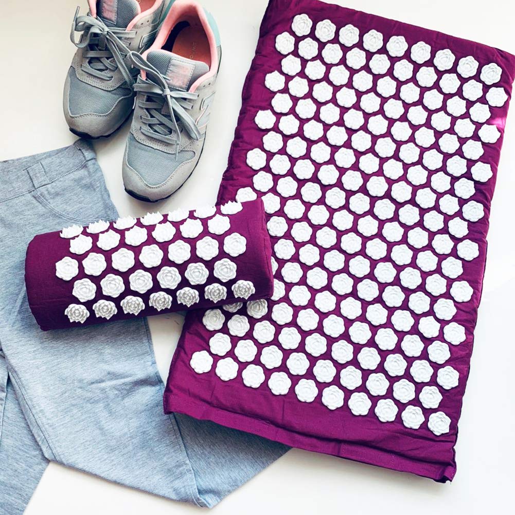 Acupuncture Mat Massager for Back & Foot Pain Relief - Full Body Shiatsu Massage Yoga Mat with Rose Mat Pillow (Purple) - Perfect for Relaxation, Stress Relief & Home Spa