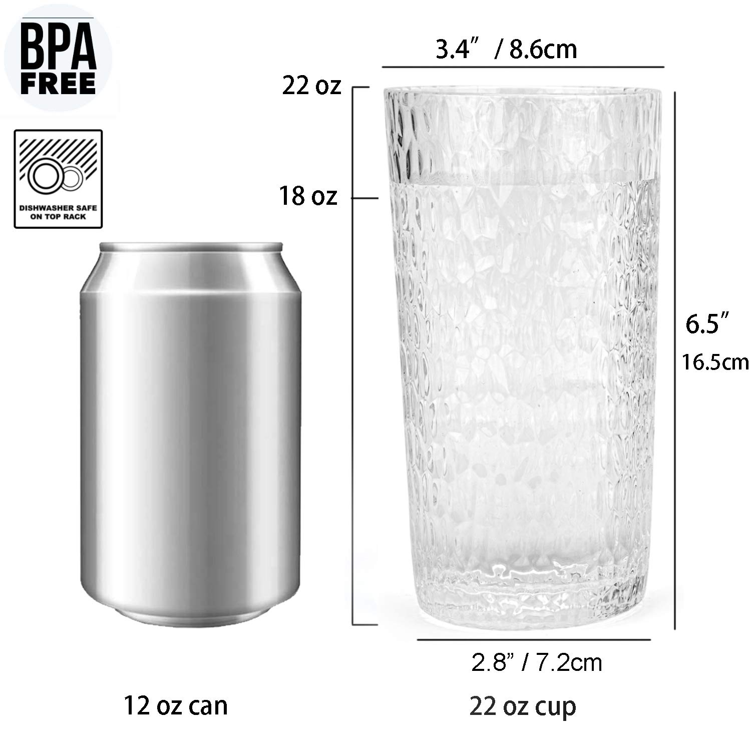KX-WARE 22oz Honeycomb Design Plastic Highball Glasses - Set of 6 Clear Acrylic Tumblers for Cocktails, Iced Coffee & Party Drinks