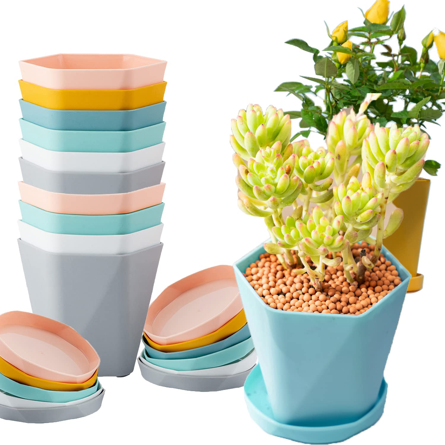 12 Pack 5 Inch Plastic Plant Pots with Drainage Holes & Saucers - Indoor/Outdoor Flower Pots for Succulents, Herbs, Seedlings - Perfect for Home Garden, Balcony, Office Decor (MGS 12 pcs)