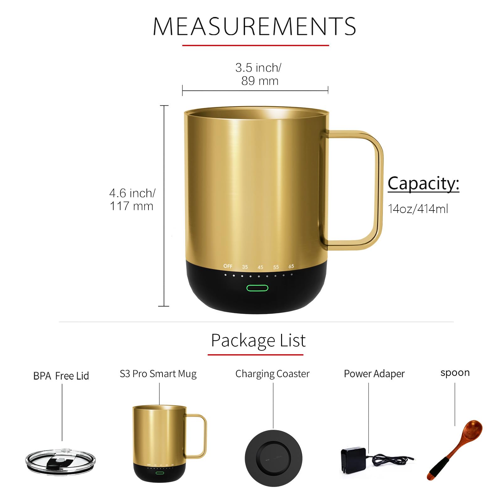 VSITOO S3Pro Smart Temperature Control Coffee Mug with Lid - 14oz Self-Heating Travel Mug, 90 Min Battery Life, APP & Manual Control - Perfect Gift for Coffee Lovers (Gold) - Ideal for Office, Home, Travel & Outdoor Use
