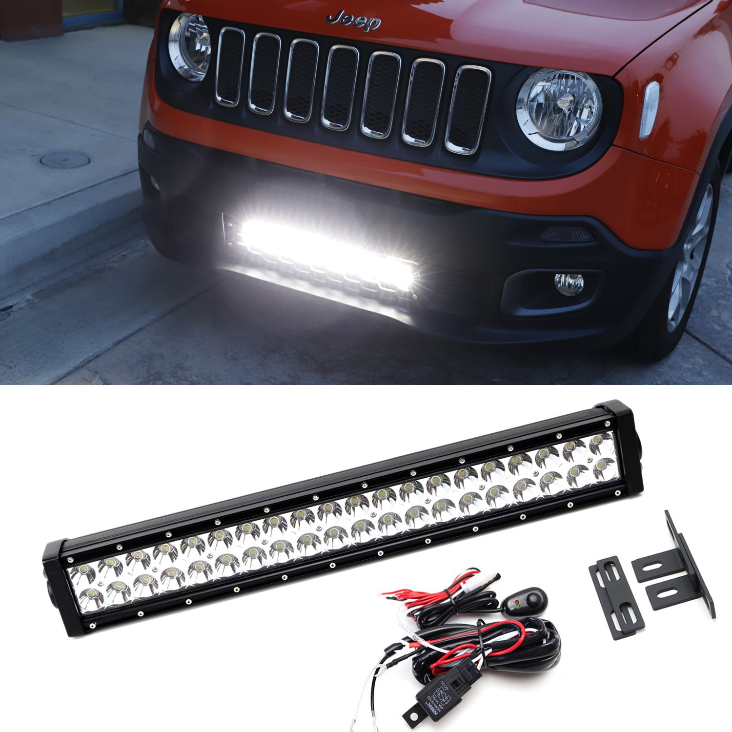 120W LED Light Bar with Behind Grille Mounts & Wiring Kit - Compatible with 2015+ Jeep Renegade - Off-Road, Camping, Night Driving & Emergency Lighting