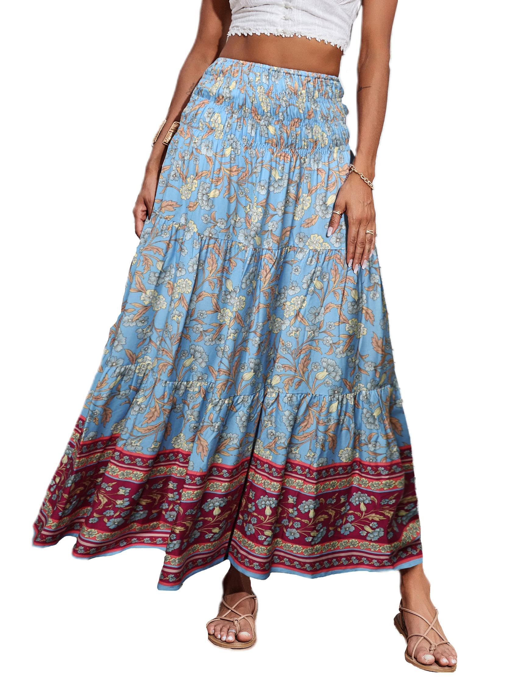 CFLONGE Women's 2025 Bohemian Long Maxi Skirt - Flowy High Waist A-Line Summer Skirt with Pleats | Perfect for Beach, Vacation, and Casual Outfits