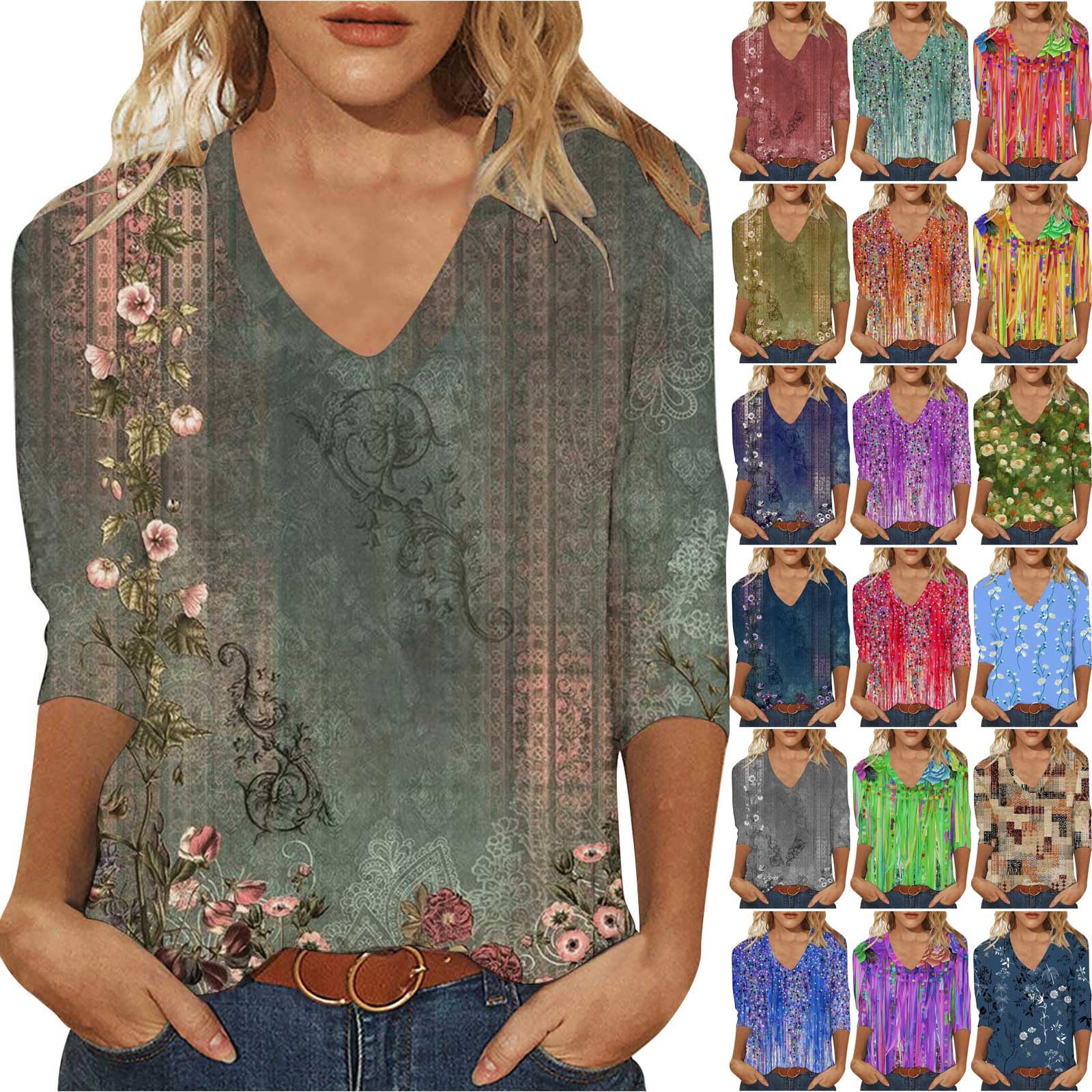 2024 Women's Vintage Floral Graphic V-Neck Tunic Top - 3/4 Sleeve Summer Shirt for Casual Outfits & Spring Fashion | Perfect for Beach, Office & Date Night