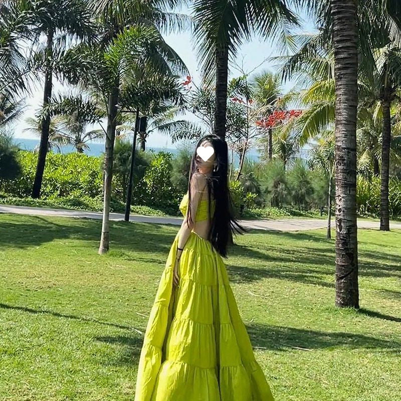 Green Summer A-Line Strapless Long Dress L7 - Perfect for Beach Vacations, Weddings & Outdoor Parties