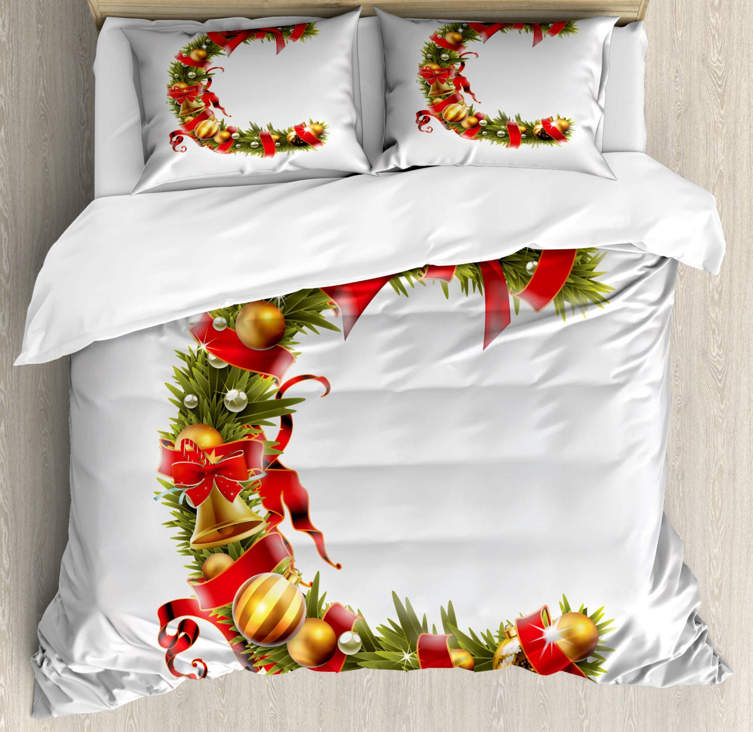 Ambesonne Christmas Alphabet Duvet Cover Set - Tree Branches Forming Letter C with Ribbon & Baubles, 3-Piece Queen Size Bedding Set with 2 Pillow Shams in Pearl & Olive Green | Holiday Home Decor for Bedroom, Festive Seasonal Gift Idea