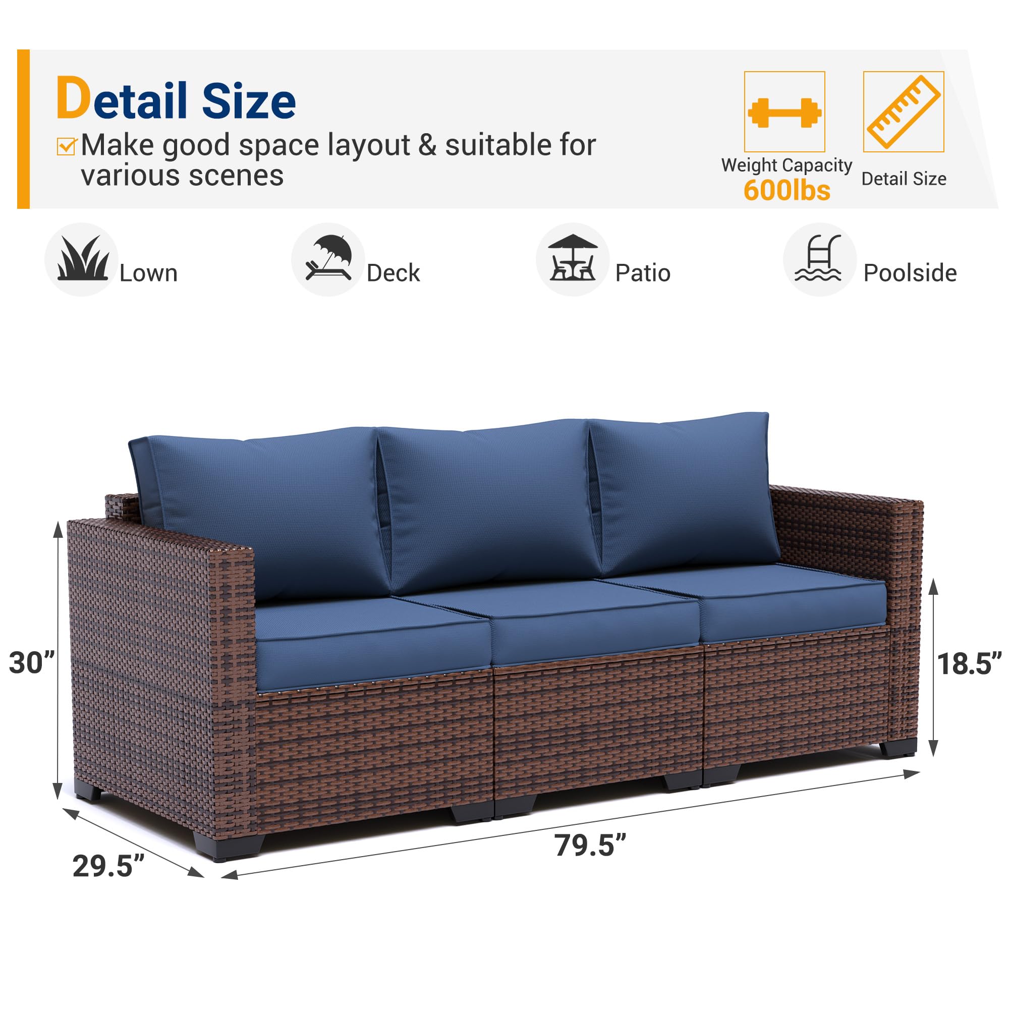 UDPATIO 3-Seat Outdoor Wicker Sofa Set with Steel Frame - Navy Blue Rattan Sectional Couch, Deep Seating High Back Design, Includes Waterproof Cover & Non-Slip Cushions - Perfect for Patio, Garden, Poolside or Backyard Relaxation