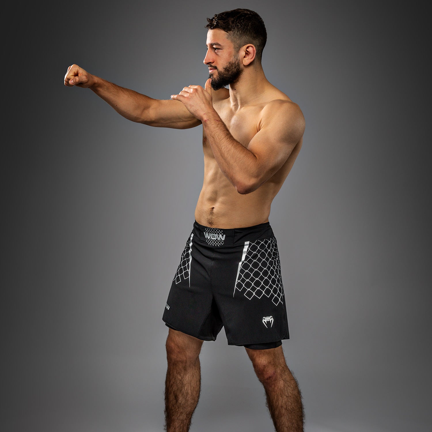 Venum x WOW FC Men's MMA Fight Shorts - Black/Silver Grey - Lightweight & Breathable for Training & Competition