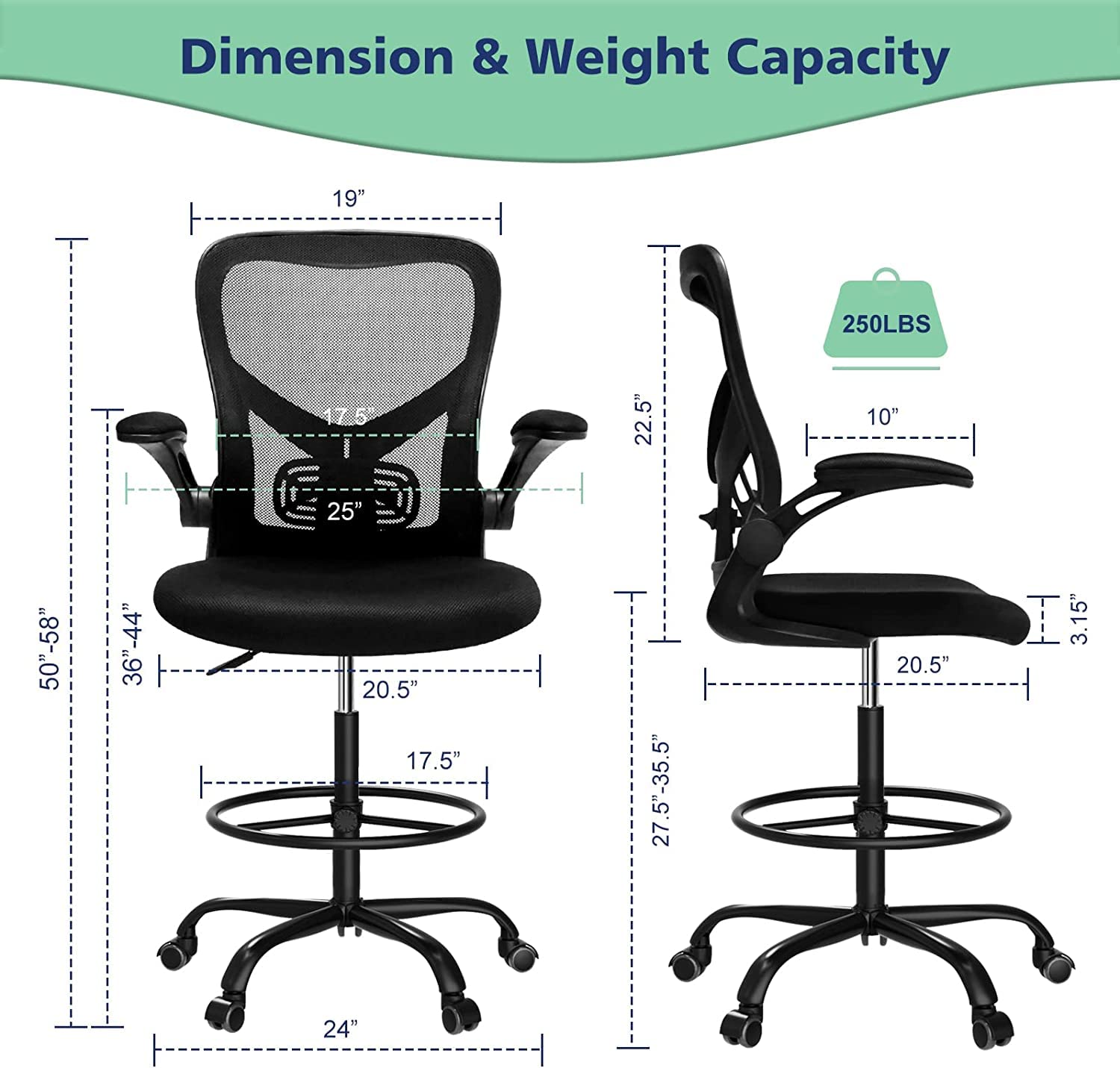 Ergonomic Drafting Chair with Foot Ring & Flip-Up Arms - Adjustable Height Mesh Office Chair for Standing Desks - Comfortable Computer Task Chair for Home & Office Use - Perfect for Architects, Designers & Long Work Sessions - Black
