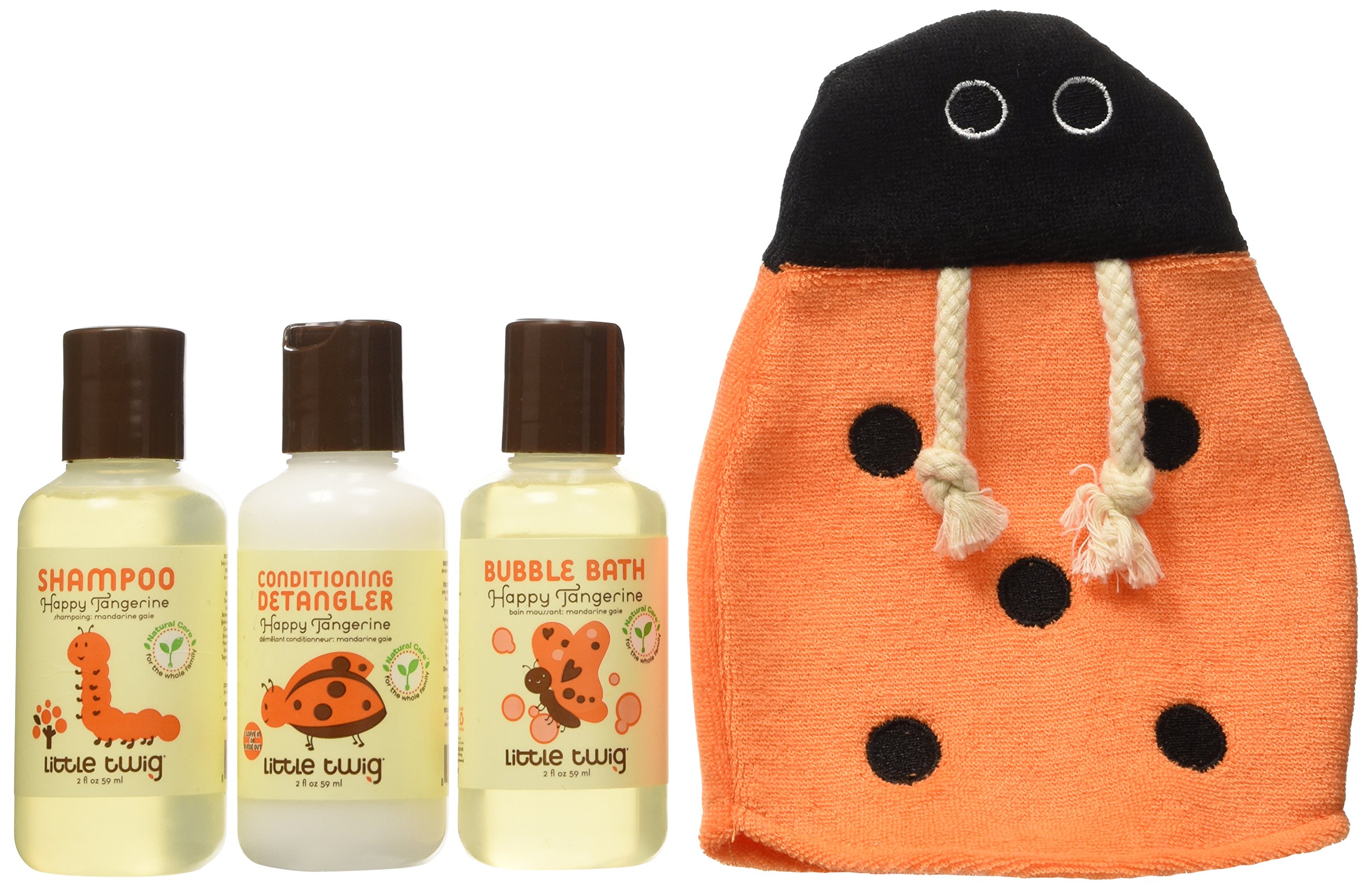 Little Twig All Natural Hypoallergenic Baby Travel Essentials Gift Set - 4 Piece Kit with Ladybug Bath Mitt, Happy Tangerine Scent (2oz Bottles) | Perfect for Newborns, Baby Showers & Traveling Families