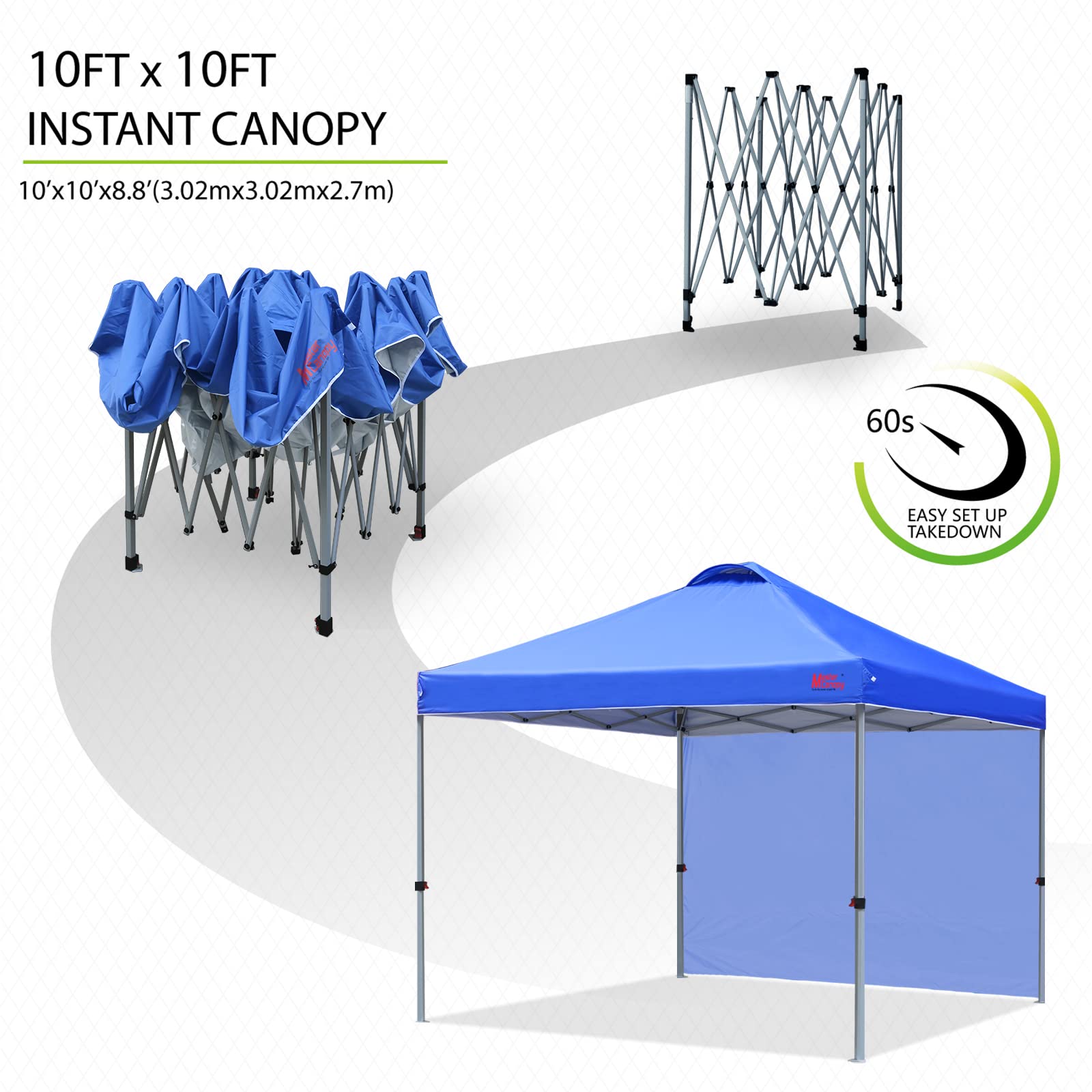 MASTERCANOPY 10'x10' Durable Pop-Up Canopy Tent with Sidewall - Blue Outdoor Instant Shelter for Camping, Beach, Picnic & Backyard Parties
