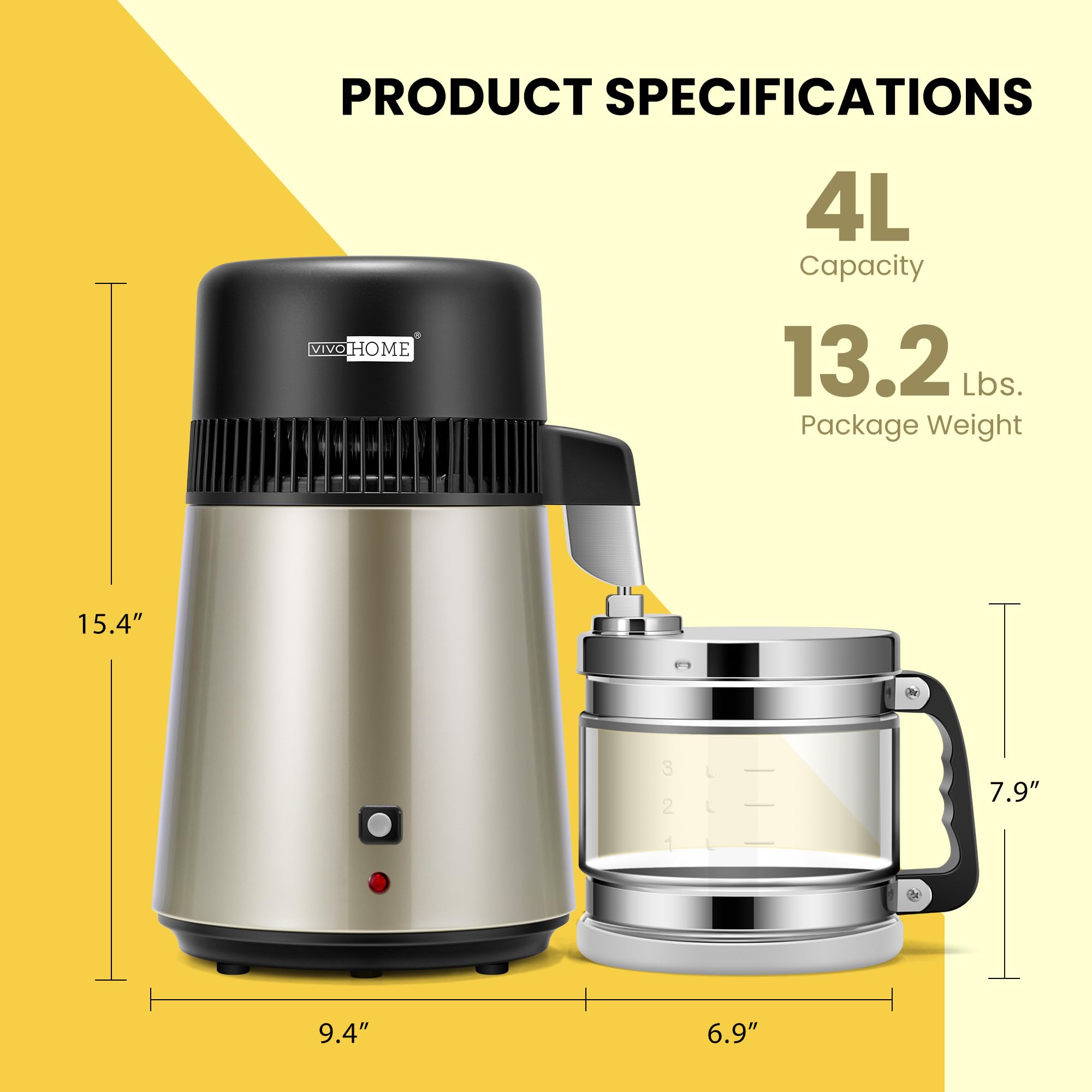 VIVOHOME 1.1 Gallon/4L Countertop Water Distiller - 304 Stainless Steel Home Distilled Water Machine with Smart Switch & Purifier Filter - Perfect for Home, Office, and Champagne Making