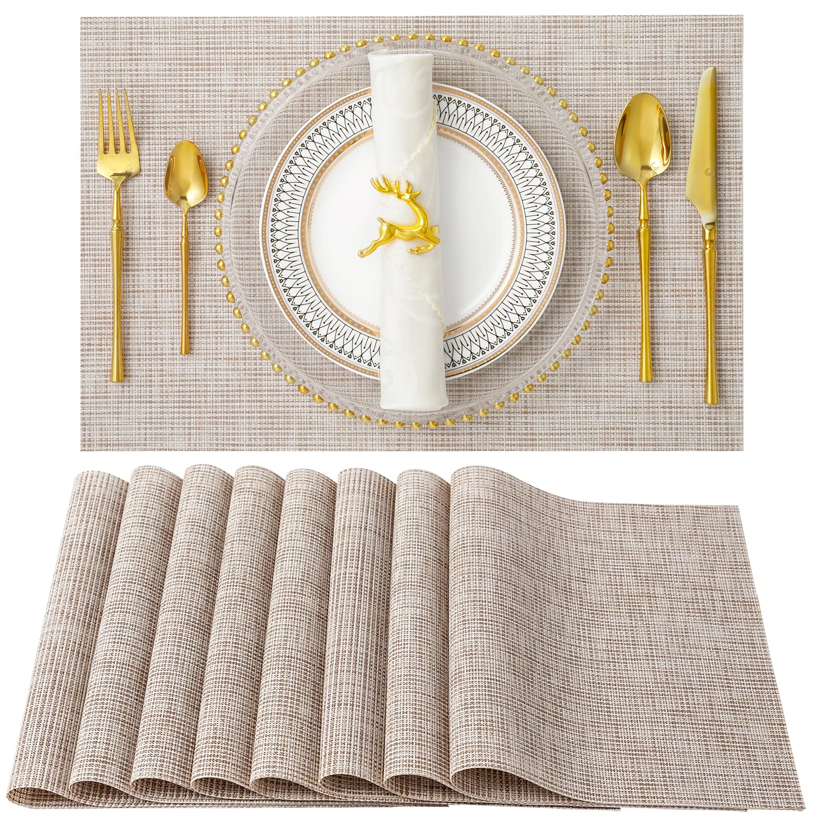 SENDAY Heat-Resistant & Stain-Resistant PVC Placemats Set of 8 - Non-Slip Woven Vinyl Table Mats for Kitchen Dining, Washable & Durable Beige Placemats - Perfect for Everyday Meals, Dinner Parties & Home Decor