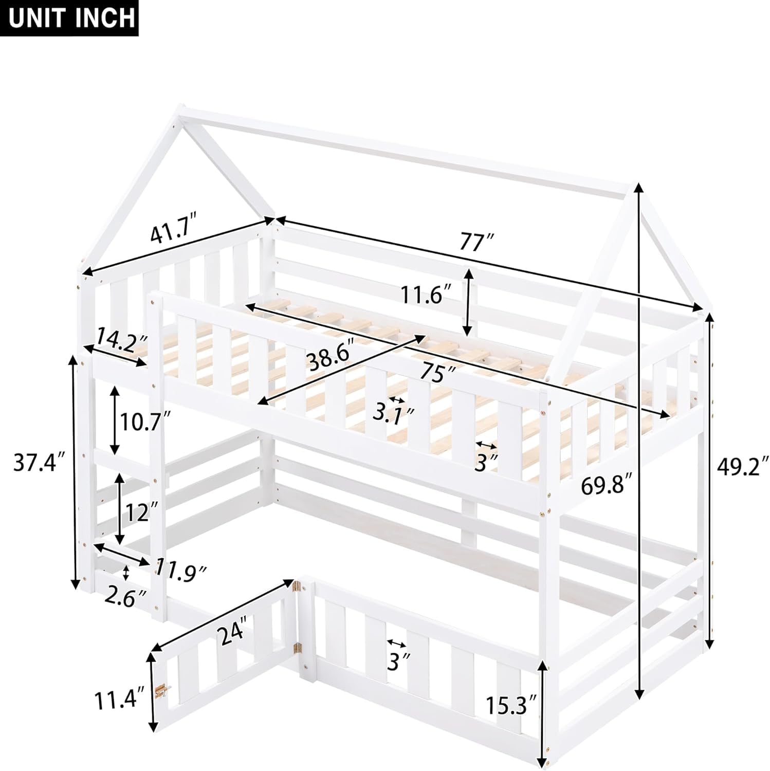 **MERITLINE Wooden Twin Over Twin Bunk Bed with Fence, Door & Roof - Kids Loft Bed for Girls & Boys - Easy Assembly, White - Perfect for Small Bedrooms & Shared Spaces**