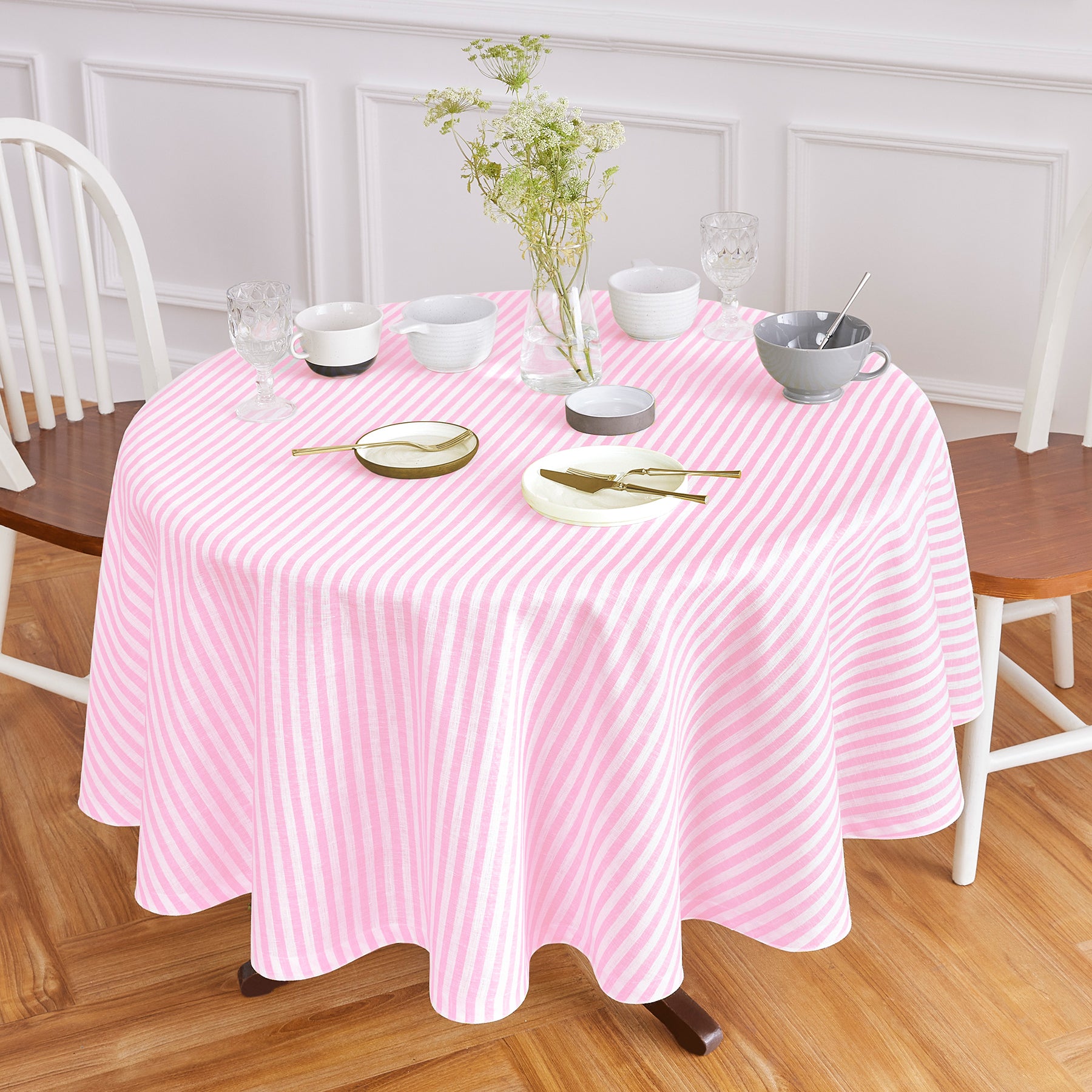 Amalfi Stripe Round Tablecloth - Waterproof & Stain-Resistant 60-Inch Dining Table Cover for Indoor/Outdoor Use - Perfect for Parties, Picnics, and Family Gatherings