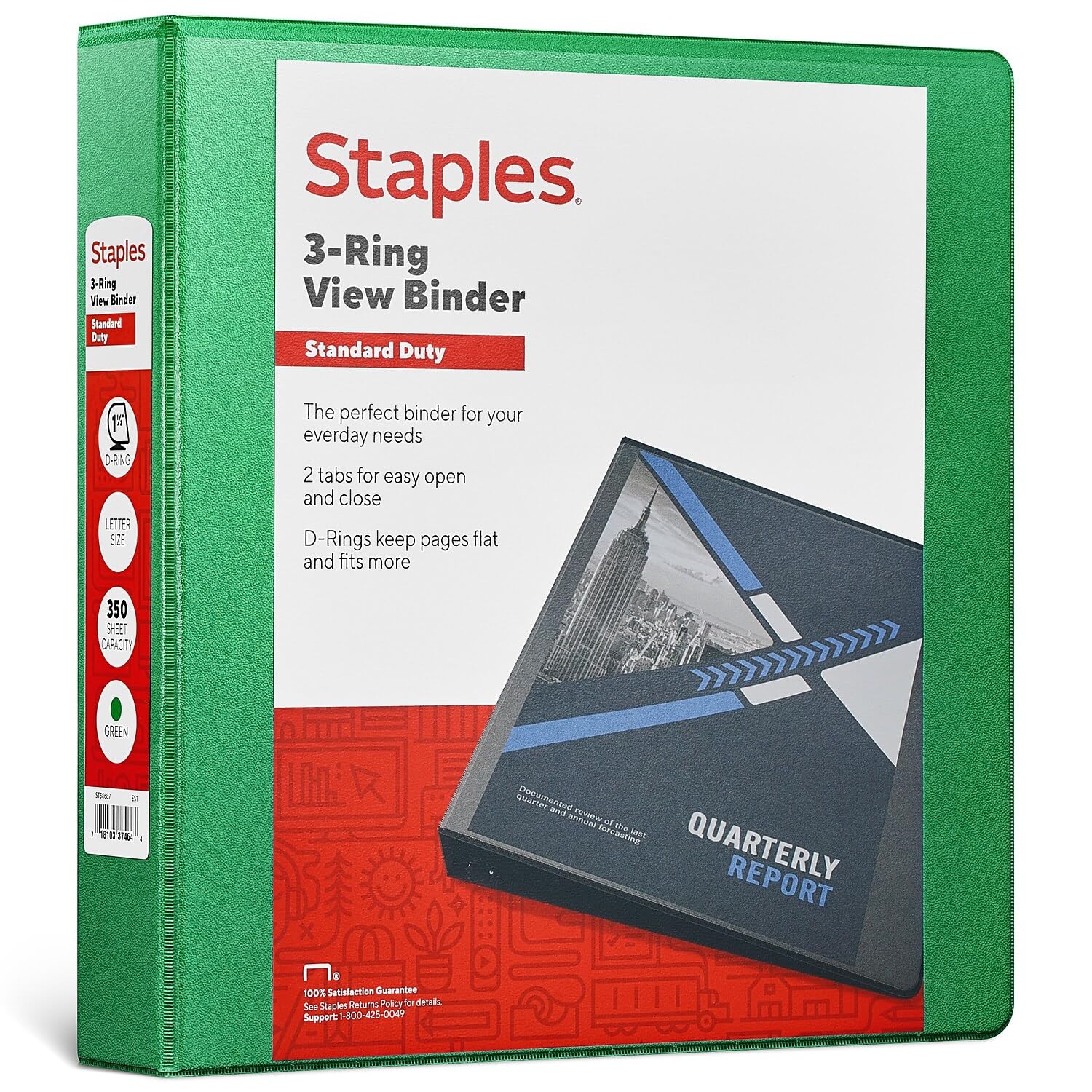 Staples Standard 1.5 Inch 3-Ring View Binder - Green | Durable School & Office Supplies for Organizing Documents, Reports & Presentations
