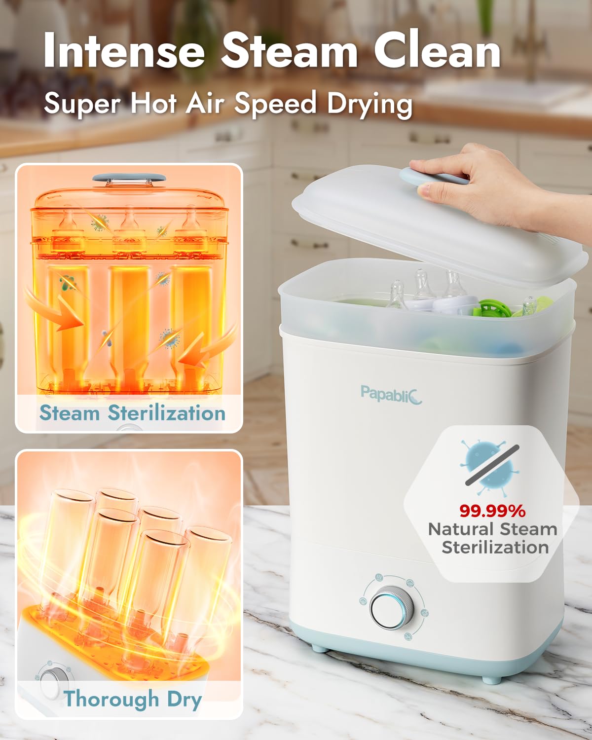 Papablic Baby Bottle Electric Steam Sterilizer and Dryer - 6-in-1 UV Sanitizer for Pacifiers, Breast Pump Parts & Baby Accessories - Perfect for Nursery, Travel & Daycare Use