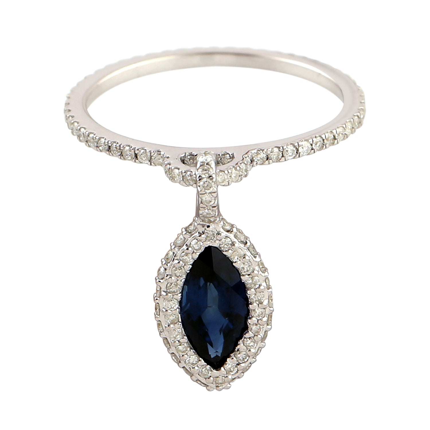 Exquisite Marquise Blue Sapphire and Diamond Pave Charm Ring in 14K White Gold | Elegant Jewelry for Engagement, Anniversary & Special Occasions