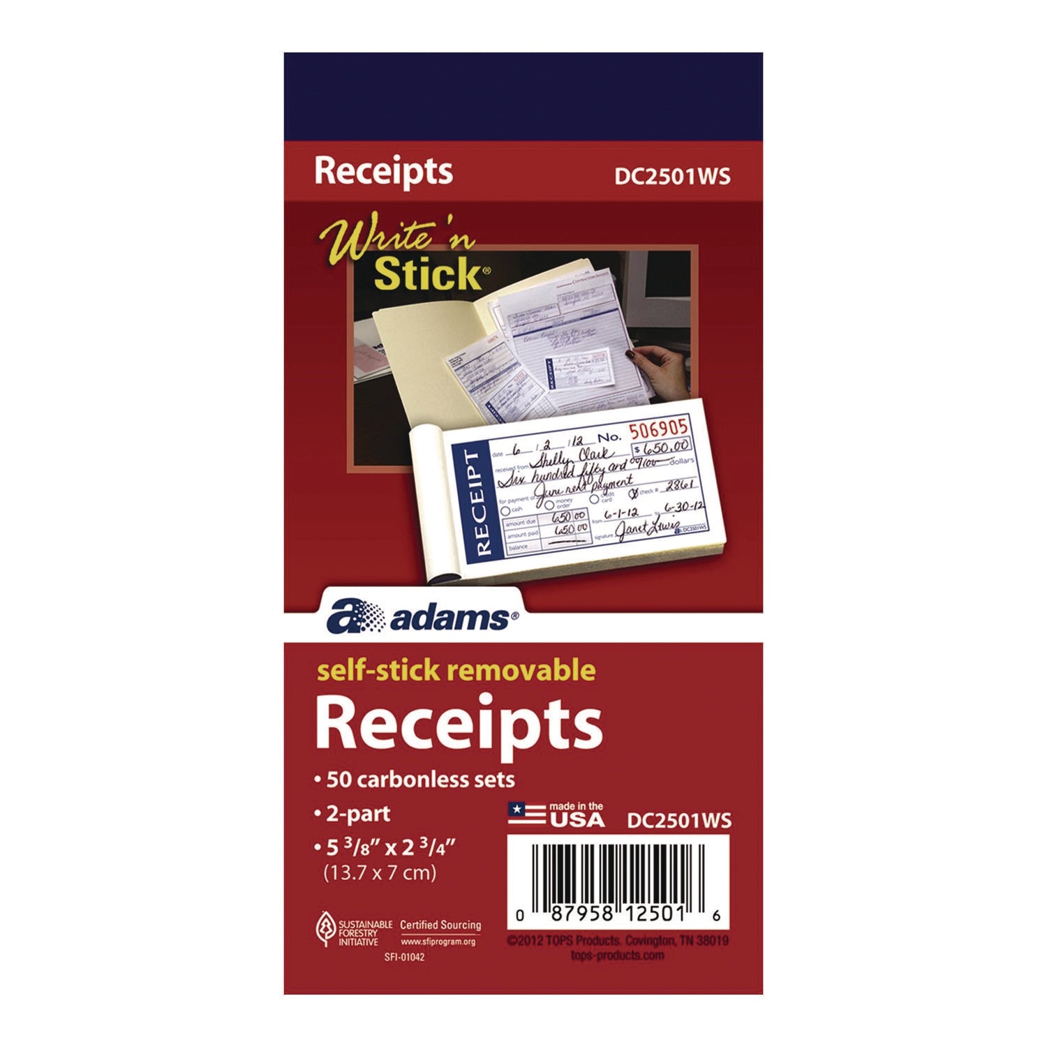 Adams® Write 'n Stick Receipt Book - 2-Part Carbonless, 4.88