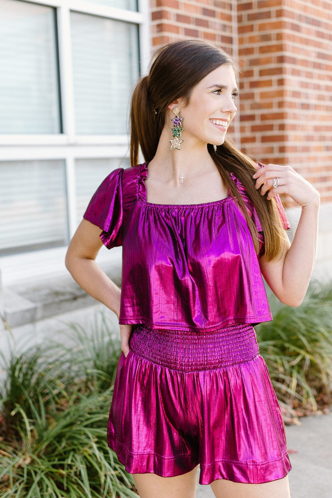 Stylish Purple Metallic Short Set for Women - Trendy Summer Outfit for Beach, Gym & Casual Wear