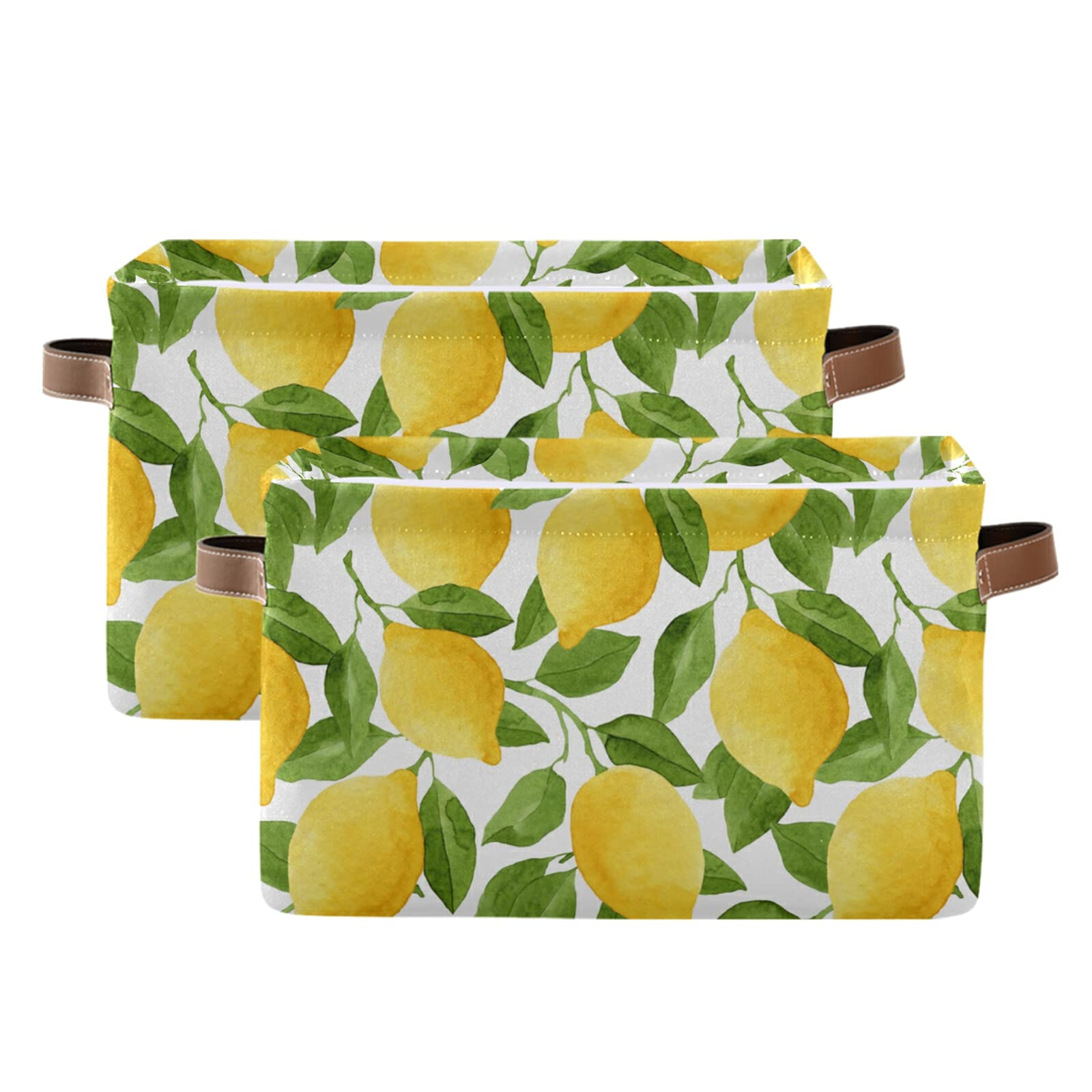 AUUXVA 2-Pack Canvas Storage Bins with Handles - Compressible Organizer Cubes for Kids & Women, Lemon Leaves Pattern - Perfect for Bedroom Closet, Shelves & Toy Storage