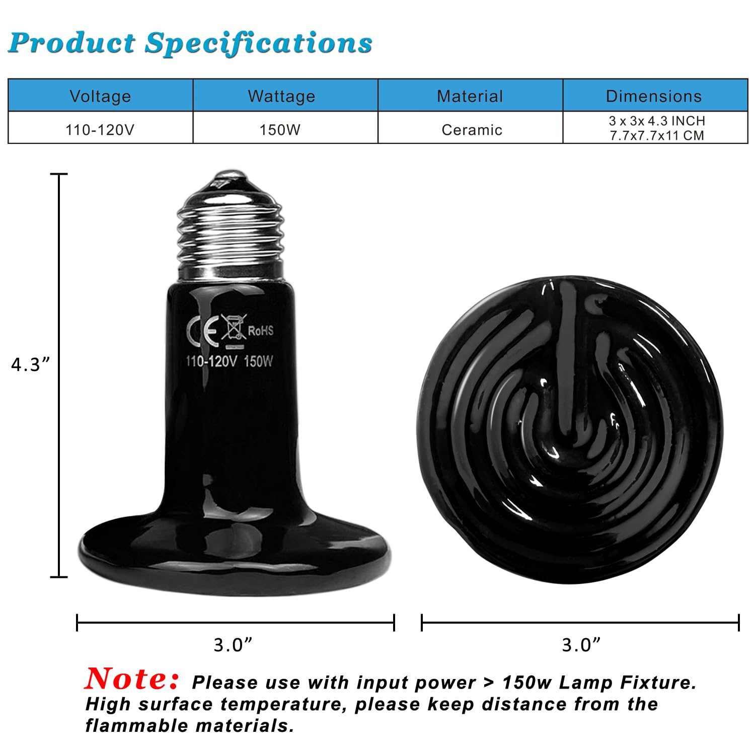 150W Ceramic Heat Emitter Bulb - 2 Pack E26 Reptile Heat Lamp with No Light Emission - Ideal for Turtles, Lizards, Snakes, Bearded Dragons & Amphibians - Perfect for Pet Brooders, Chicken Coops & Terrarium Heating - Durable Ceramic Heating Element for Constant Warmth