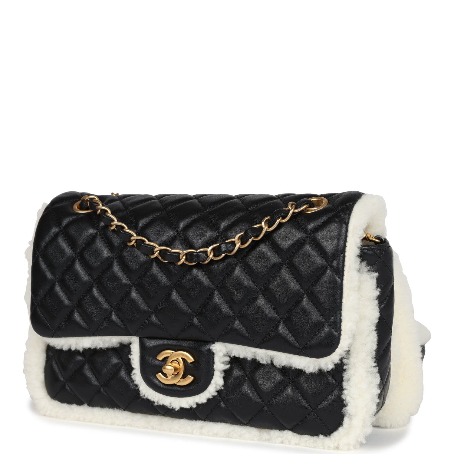 Chanel Medium Muff Shearling Flap Bag - Black & White Lambskin with Shearling Trim & Brushed Gold Hardware | Luxury Winter Crossbody Bag for Women, Perfect for Parties & Holiday Outfits