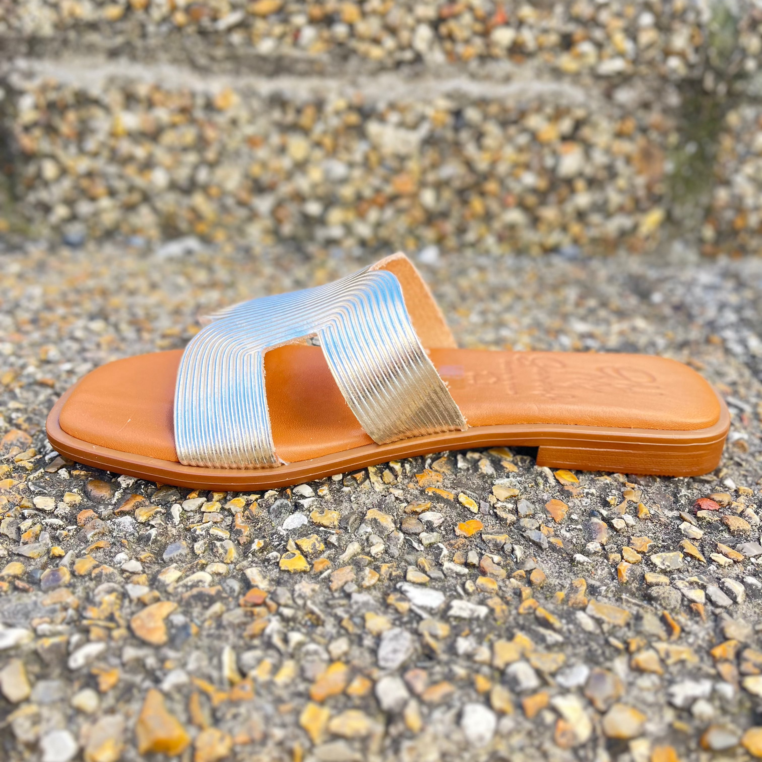 OH MY SANDALS Women's Gold Leather Slide Sandals 5327 - Comfortable Summer Slides for Beach, Pool, and Casual Wear