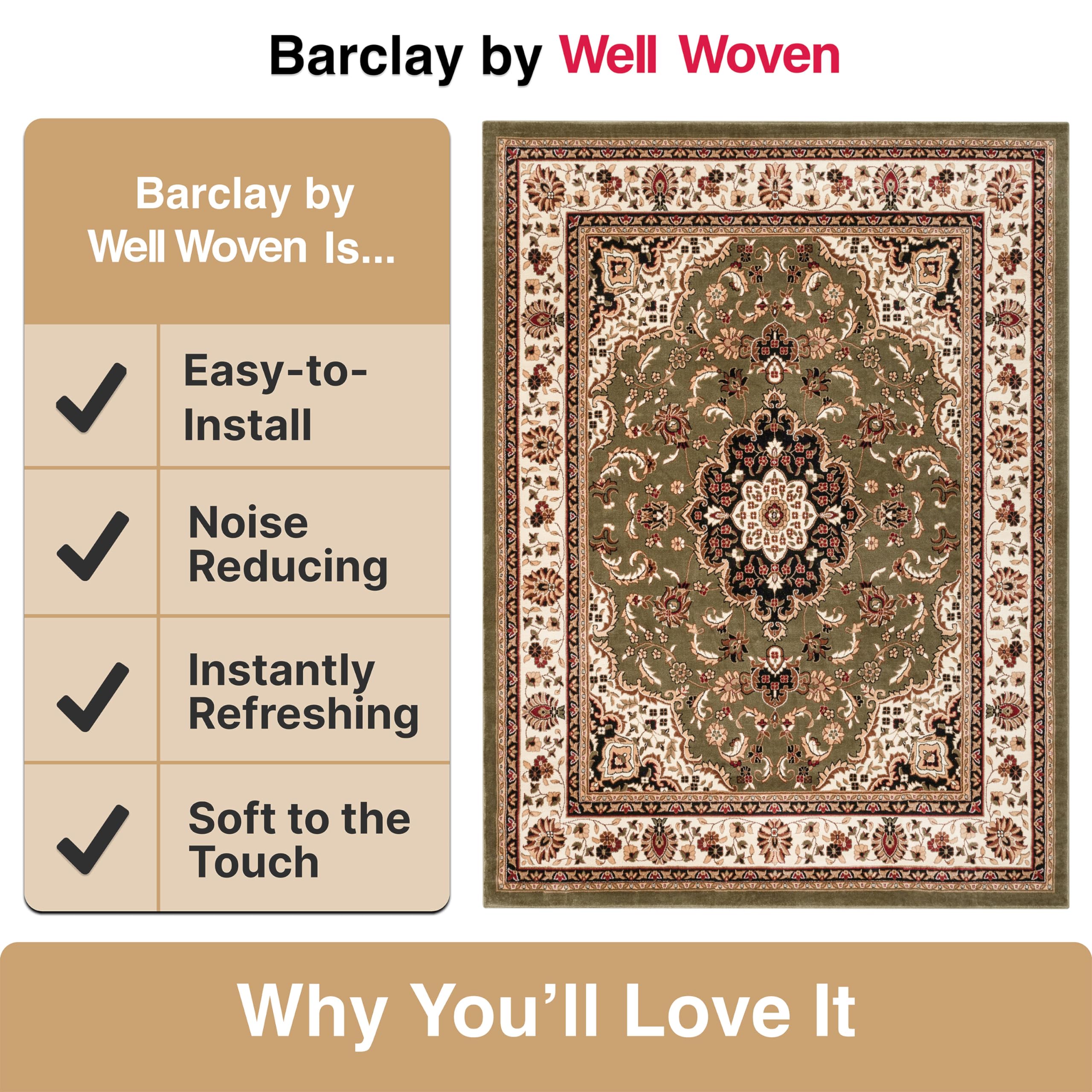 Well Woven Barclay Collection Medallion Kashan Green 8 ft Round Area Rug - Soft Non-Slip Living Room, Bedroom & Dining Room Carpet for Home Decor