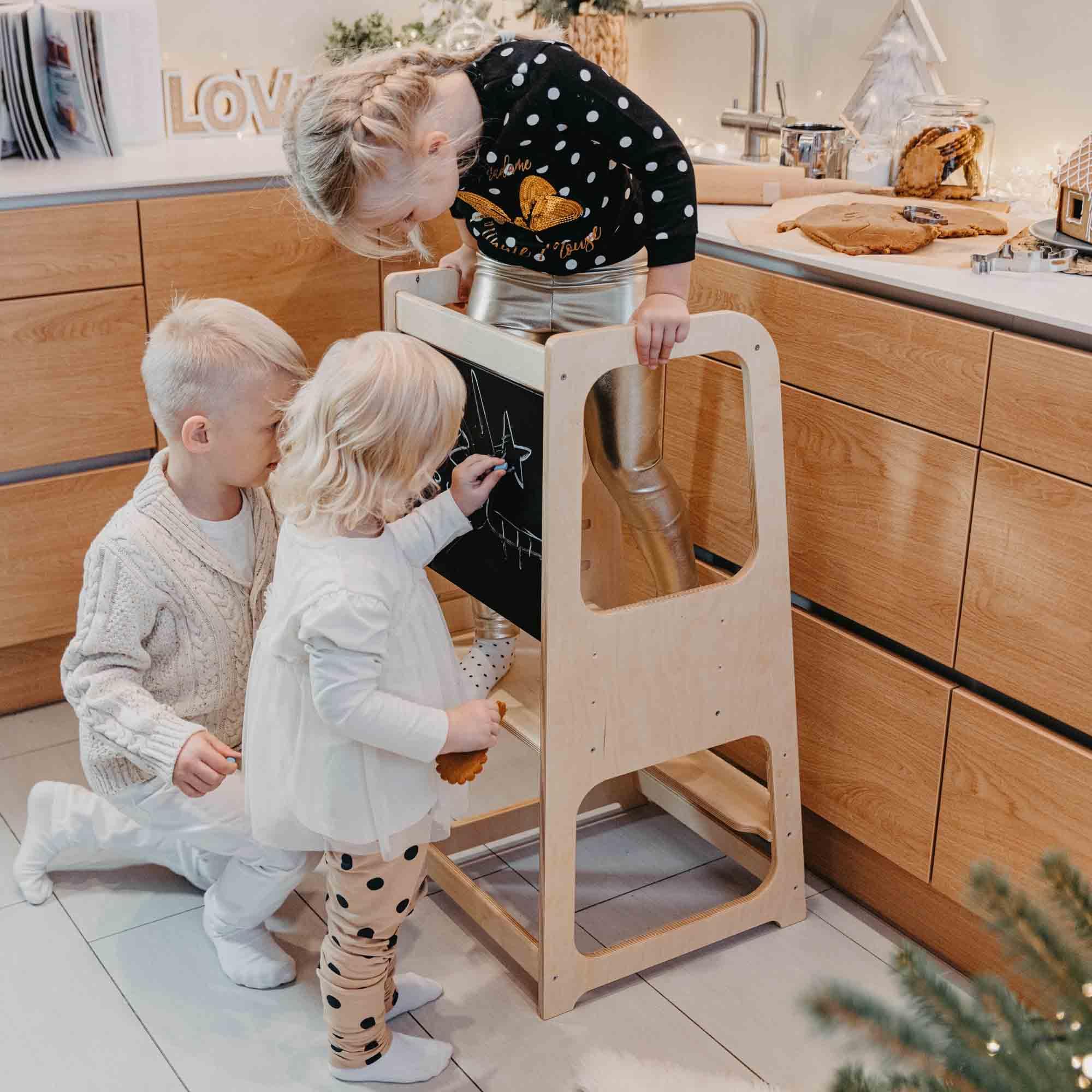 Adjustable Kitchen Tower with Blackboard - Safe Toddler Step Stool for Cooking & Learning | Montessori Convertible Kitchen Helper for Kids | Non-Slip Bathroom Step Stool for Home & School Use