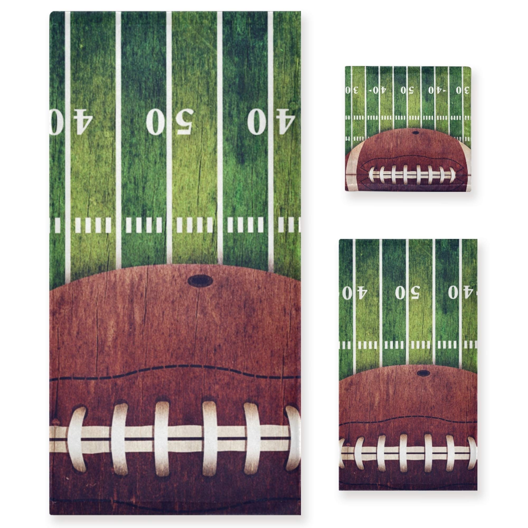 Naanle 3-Piece Retro Grunge Brown Football Field Rugby Ball Bath Towel Set - 1 Bath Towel, 1 Hand Towel, 1 Washcloth - Super Soft & Absorbent Quick-Drying Towels for Bathroom, Gym, Sports Locker Room & Dorm Decor