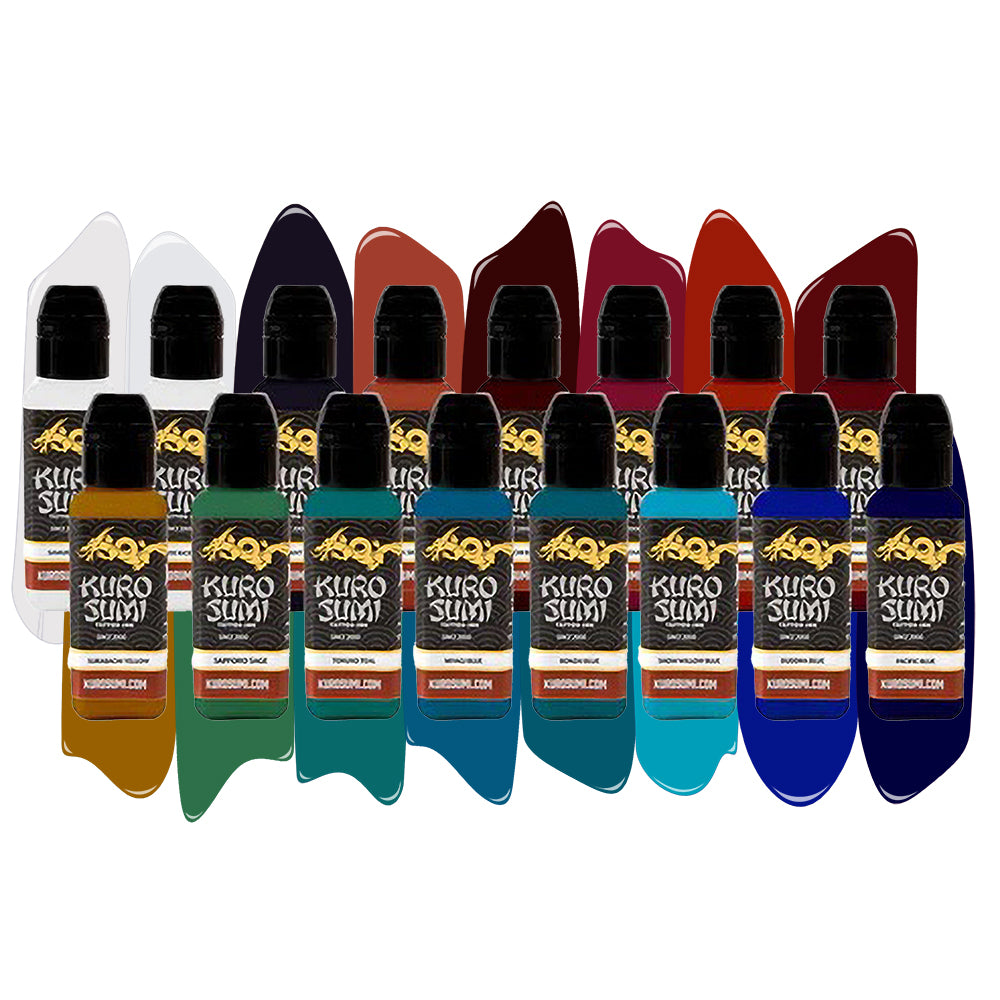 Kuro Sumi Tattoo Ink - 16 Color Primary Set #3 (Various Sizes Available) - Professional Tattoo Art Supplies for Artists & Beginners