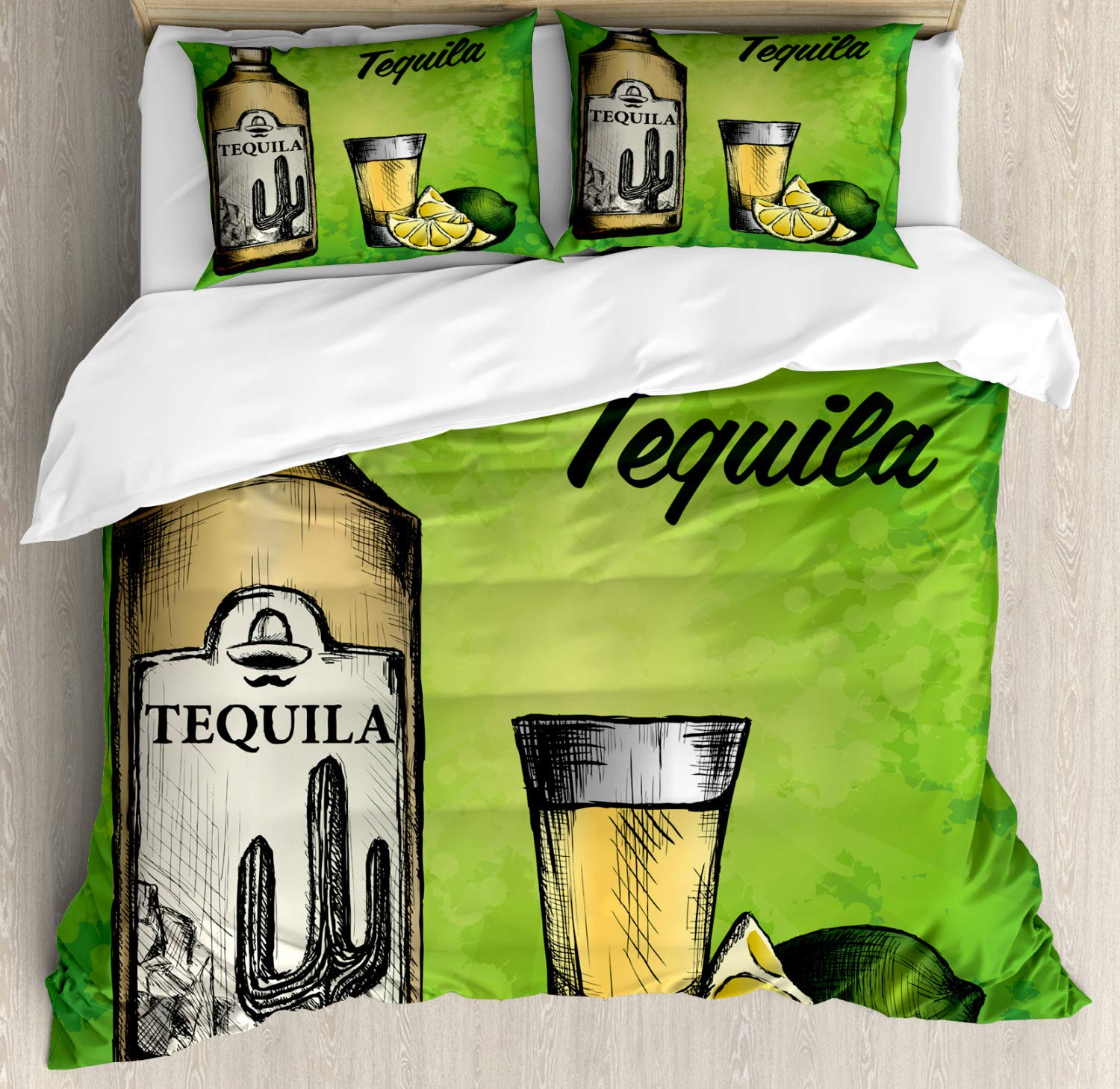 Ambesonne Tequila Duvet Cover Set - Vintage Engraved Bottle & Lime Design, 3-Piece Queen Size Bedding with 2 Pillow Shams in Lime Green & Pale Camel | Perfect for Tequila Lovers' Bedroom Decor, Mexican-Themed Parties & Unique Gift Ideas