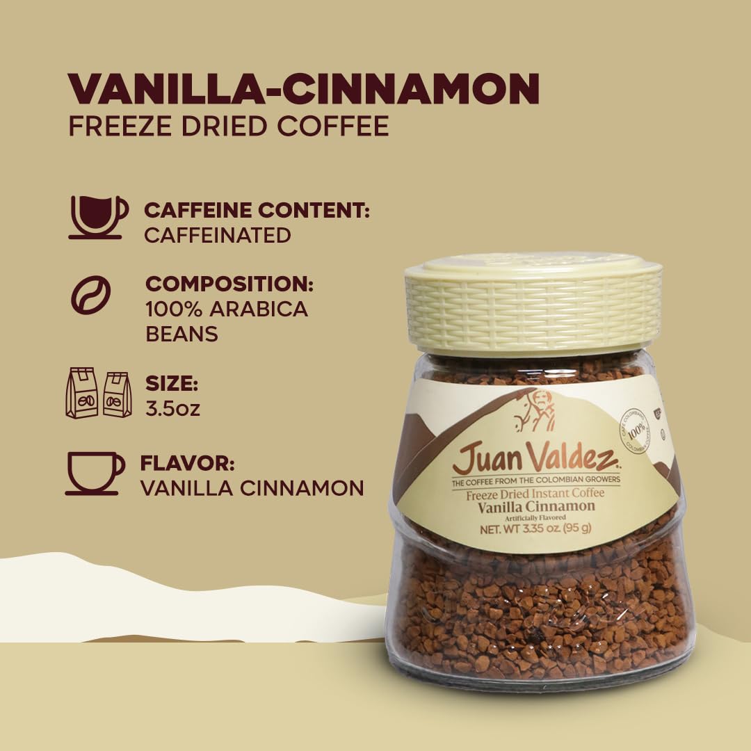 Juan Valdez Vanilla-Cinnamon Flavored Freeze Dried Coffee 3.35oz (95g) - 100% Premium Colombian Instant Coffee for Home, Office & Travel