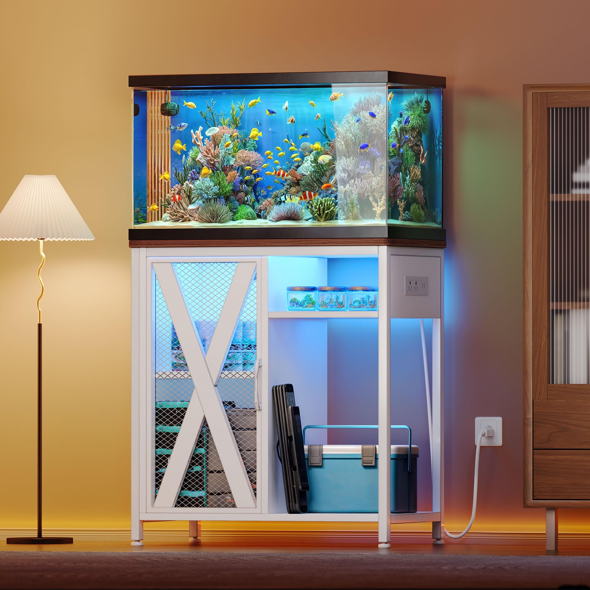 YITAHOME 20-29 Gallon Metal Aquarium Stand with Power Outlets & LED Light - White Fish Tank Cabinet with Storage for Accessories, Turtle Tank & Reptile Terrarium (350LBS Capacity) - Perfect for Living Room, Bedroom or Office Decor