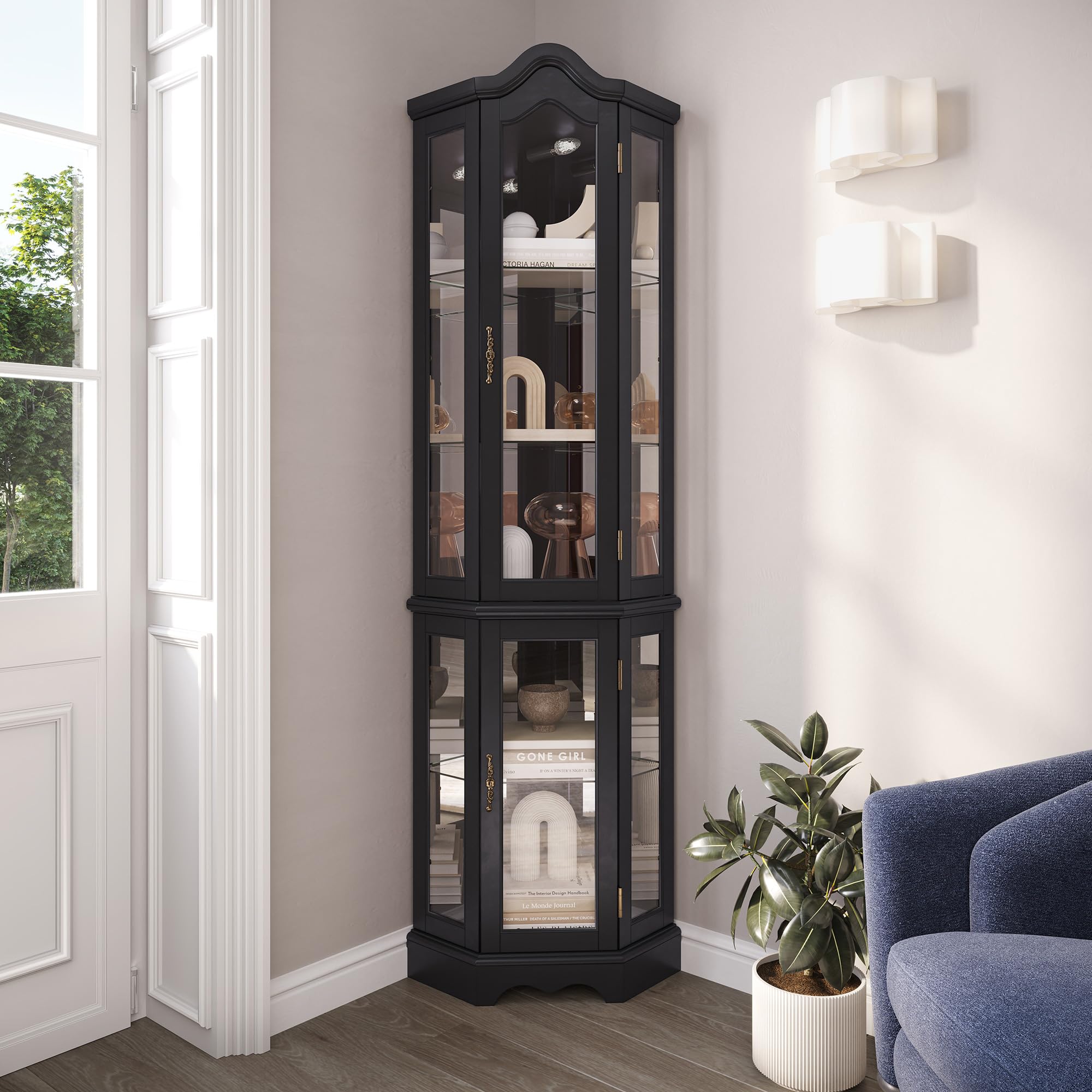 BELLEZE Lighted 3-Side Glass Display Curio Cabinet with Tempered Glass Doors & Shelves - Wooden Corner Cabinet with LED Bulbs for Living Room, Kitchen, Dining Room - Perfect for Showcasing Collectibles, China, or Decorative Items (Black)